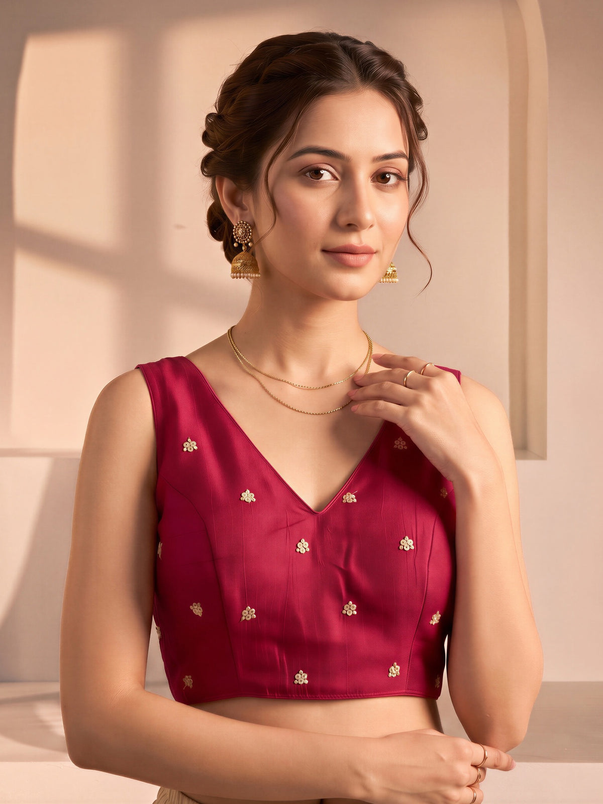 Red sequin embellished vichitra silk sleeveless readymade saree blouse with v neck view 3