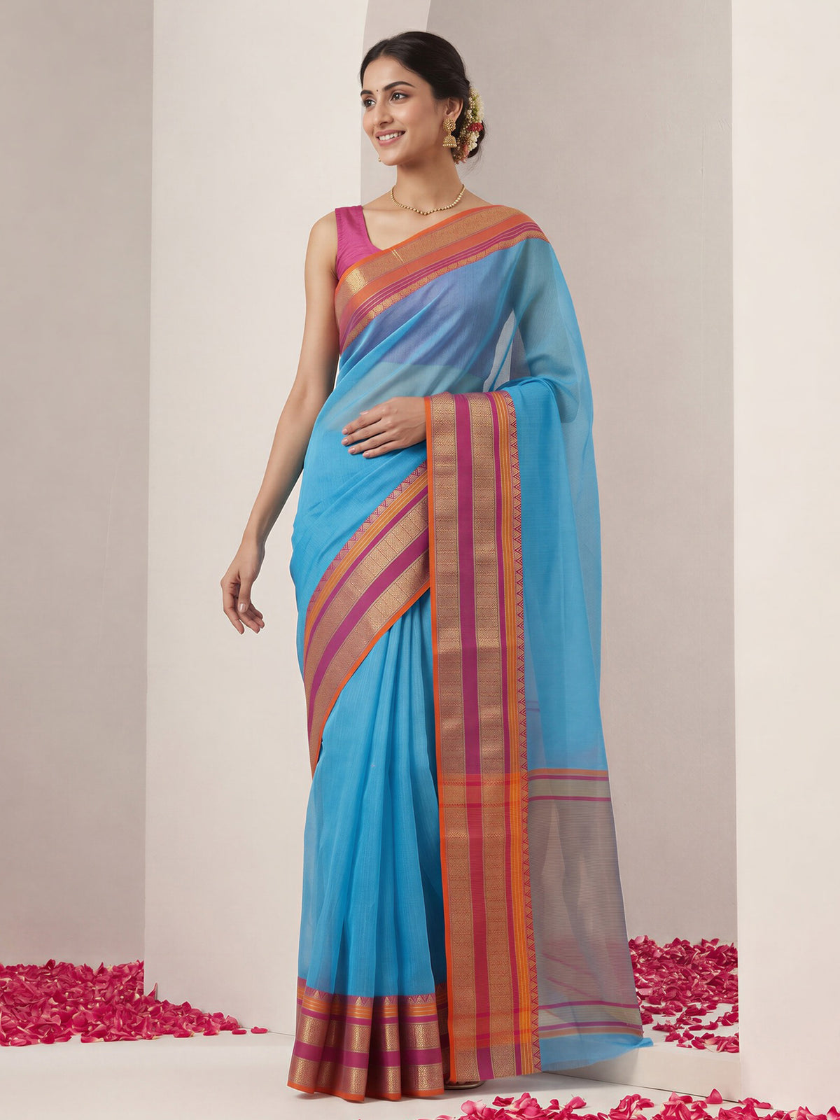 Light Blue solid kota doria cotton saree with magenta blouse piece