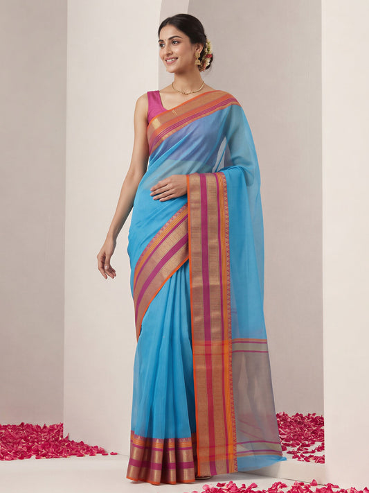 Light Blue solid kota doria cotton saree with magenta blouse piece