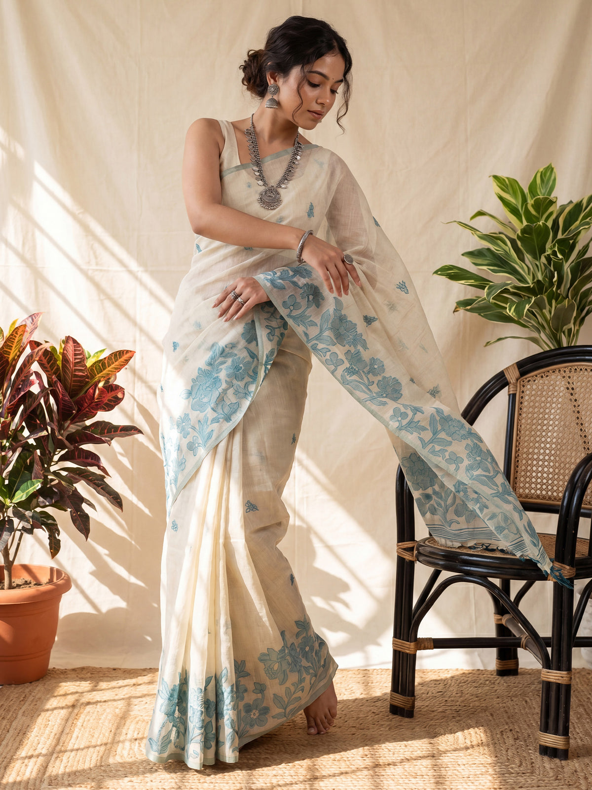 Cream Chanderi Cotton saree – detail view 3