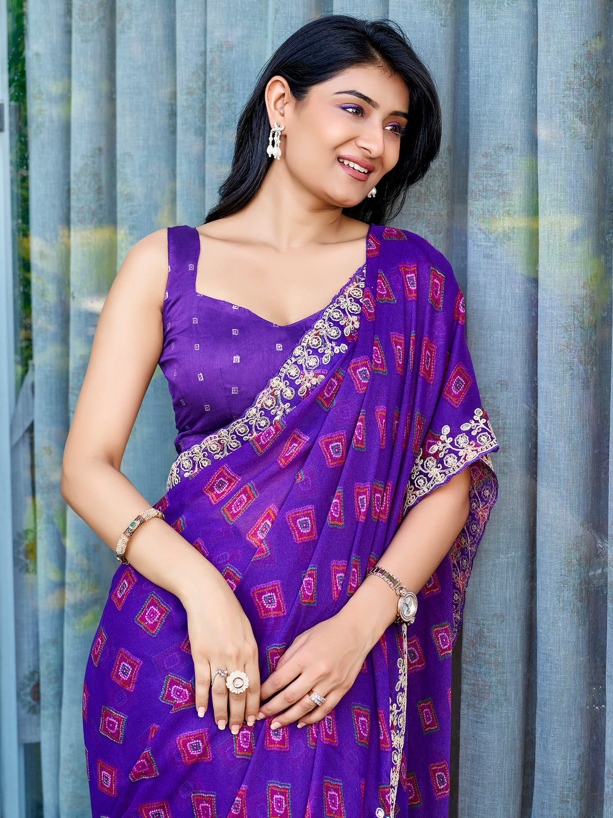 Purple Georgette saree – detail view 3