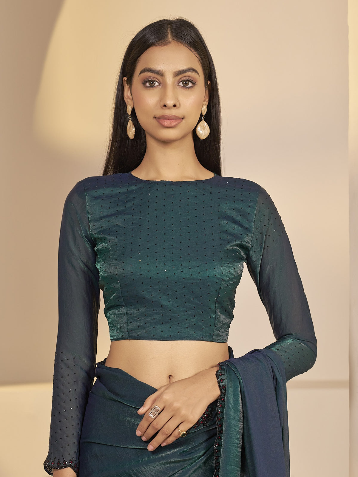Teal Green satin silk saree view 5