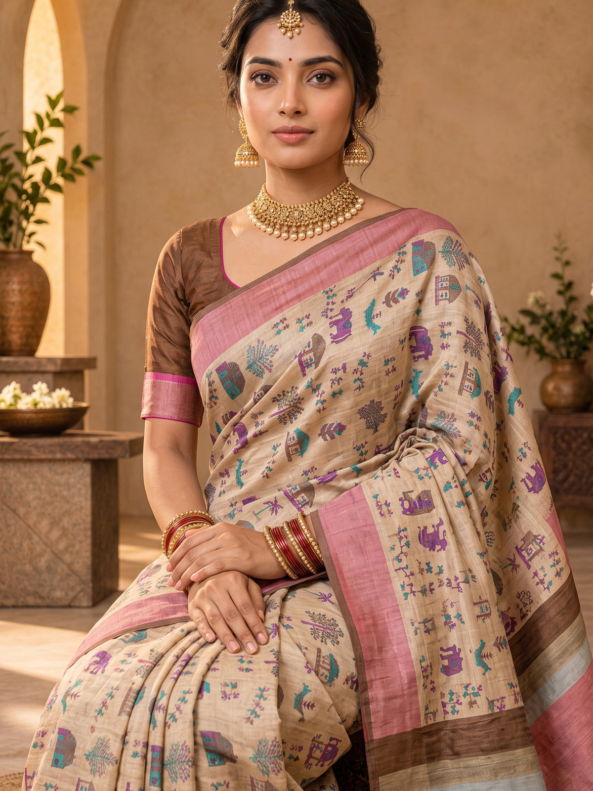 Beige soft silk saree view 3