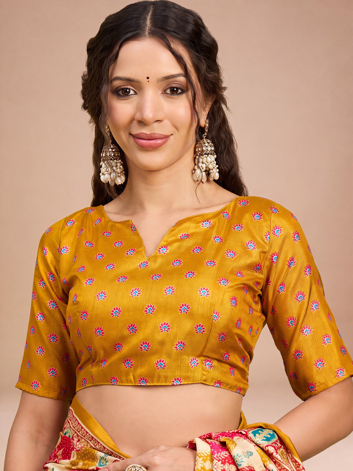 Unstitched mustard silk blend blouse piece with ethnic motif design