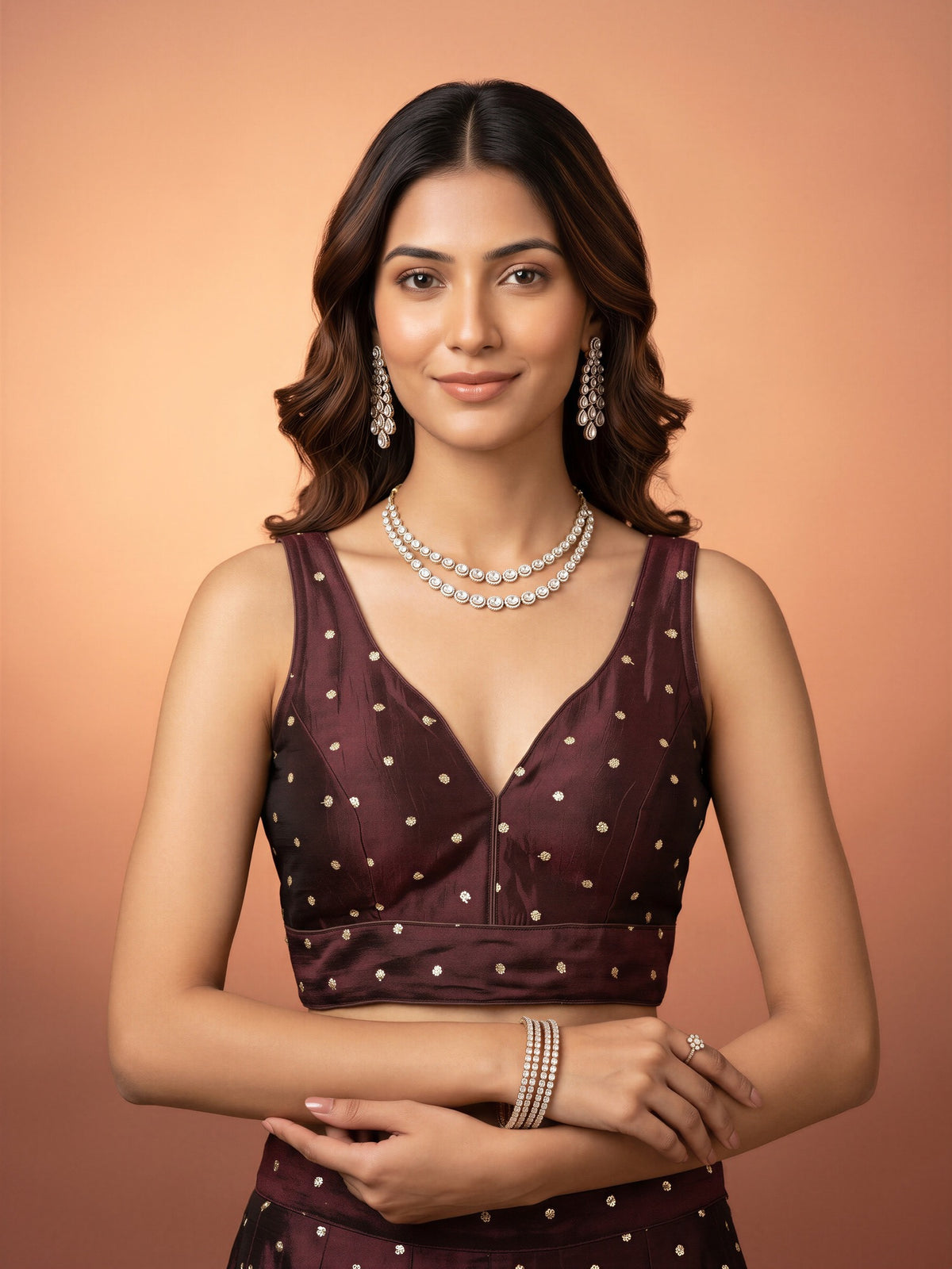 Brown sequin embellished silk blend sleeveless readymade saree blouse with v neck
