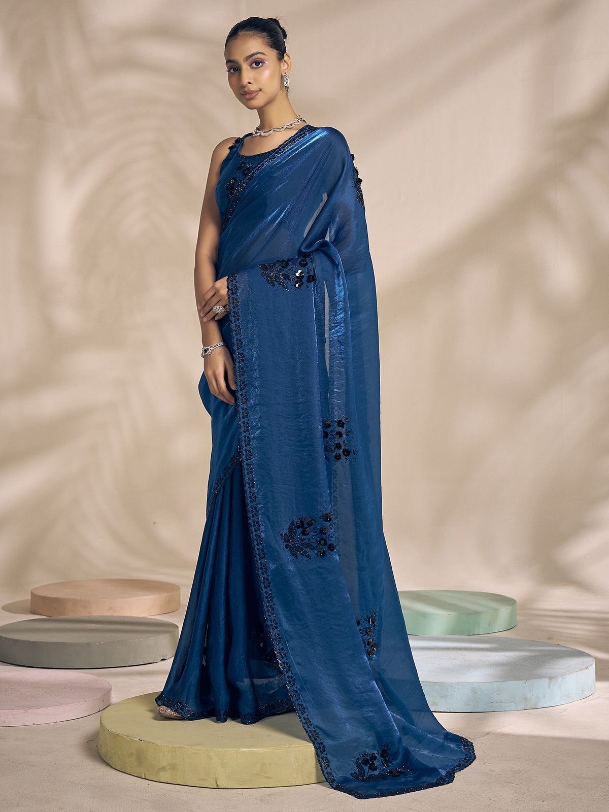 Teal Blue satin silk saree view 1