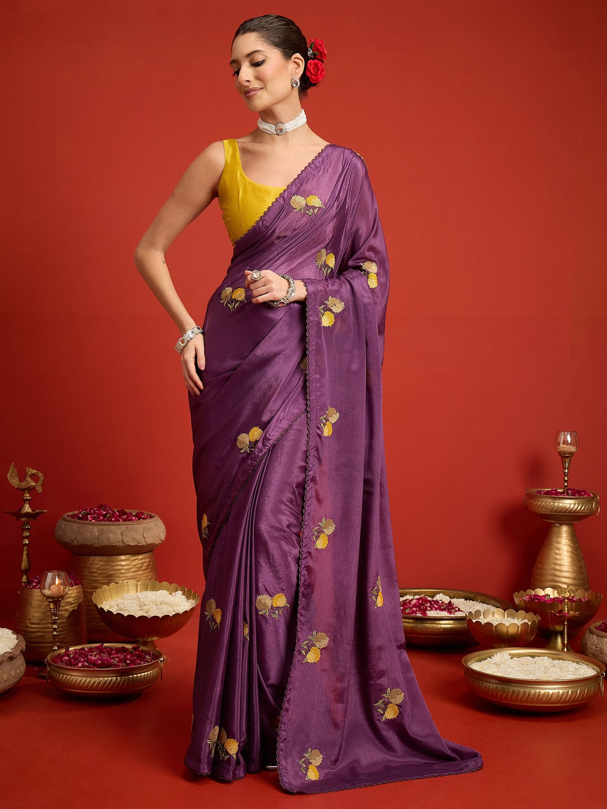 Purple embroidered poly georgette saree with mustard blouse piece