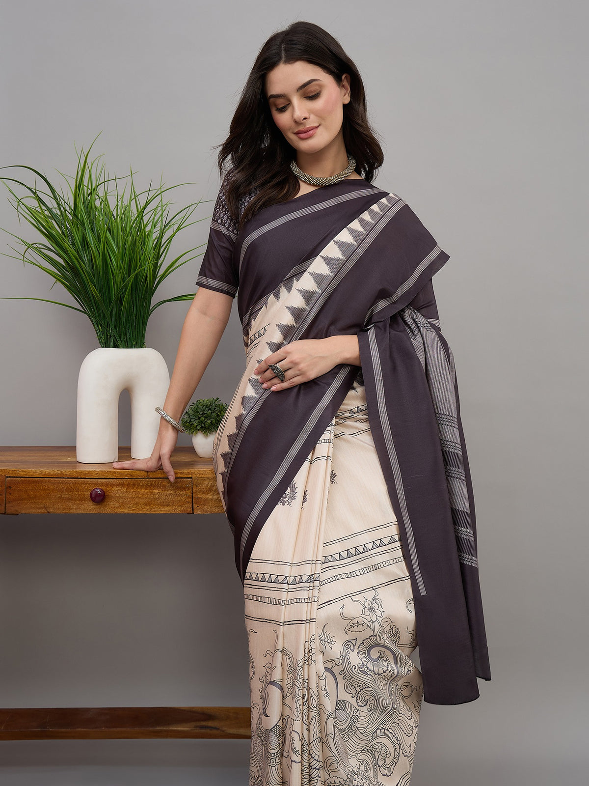 Off White soft silk saree view 6