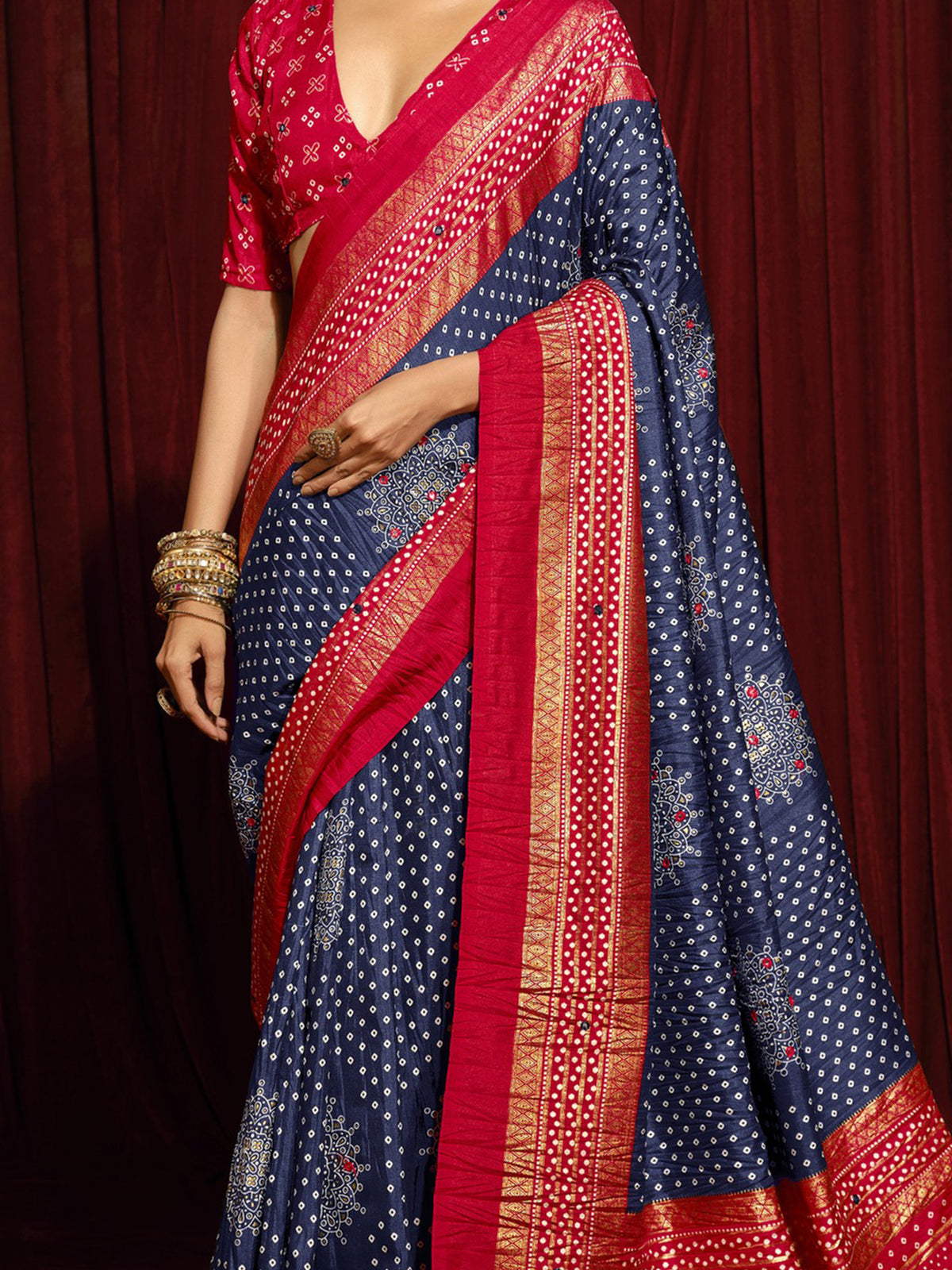 Navy Blue tussar silk saree view 4