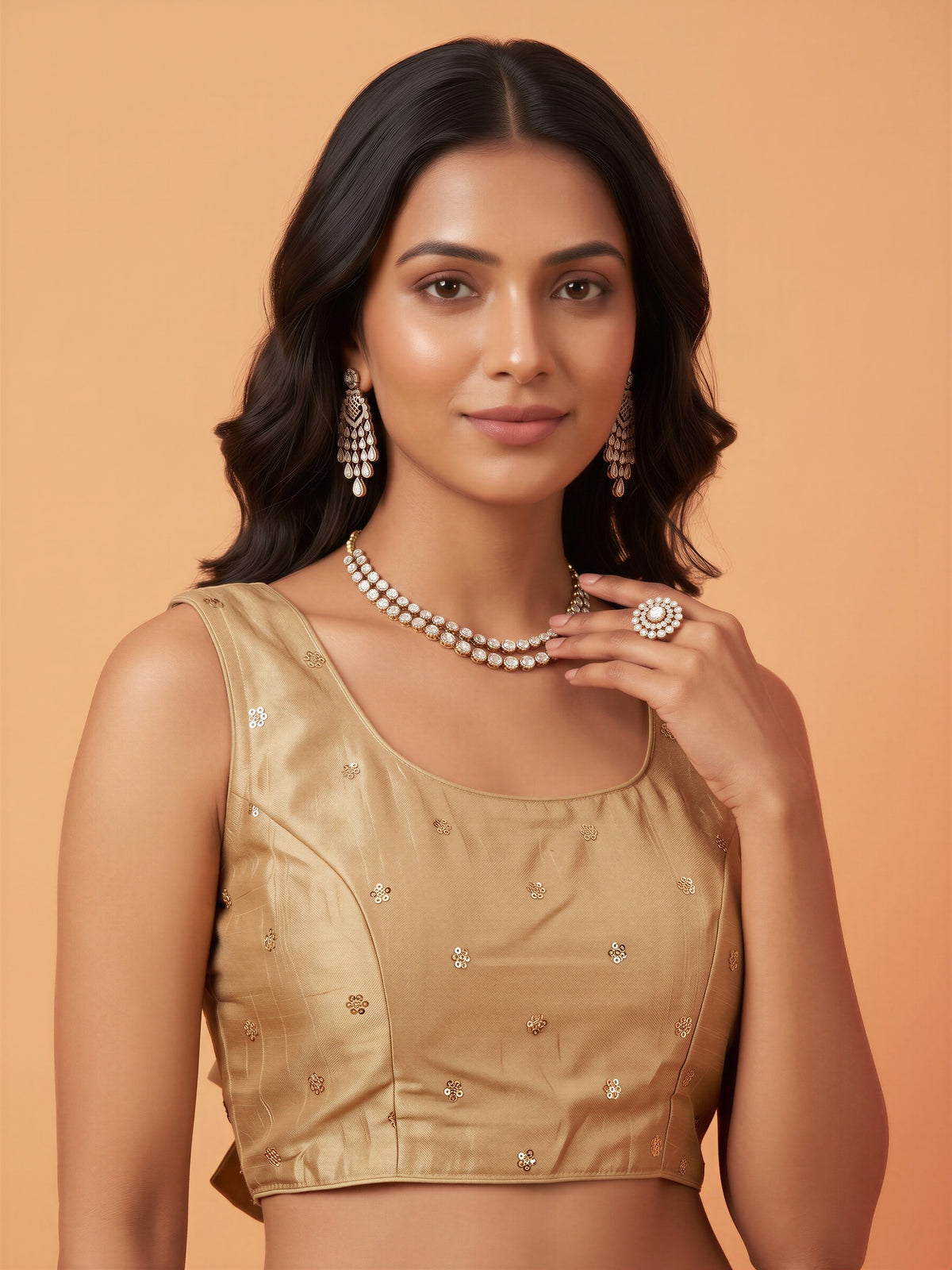 Gold sequin embellished chinnon sleeveless readymade saree blouse with round neck view 3