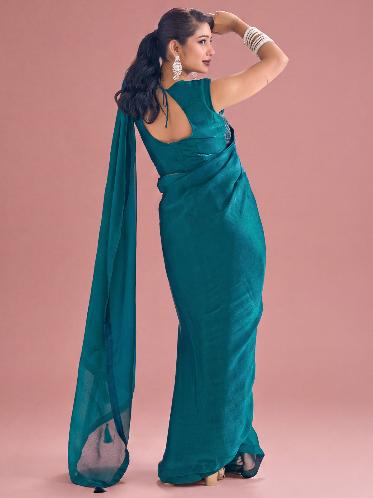Teal Blue Satin Silk saree – detail view 1