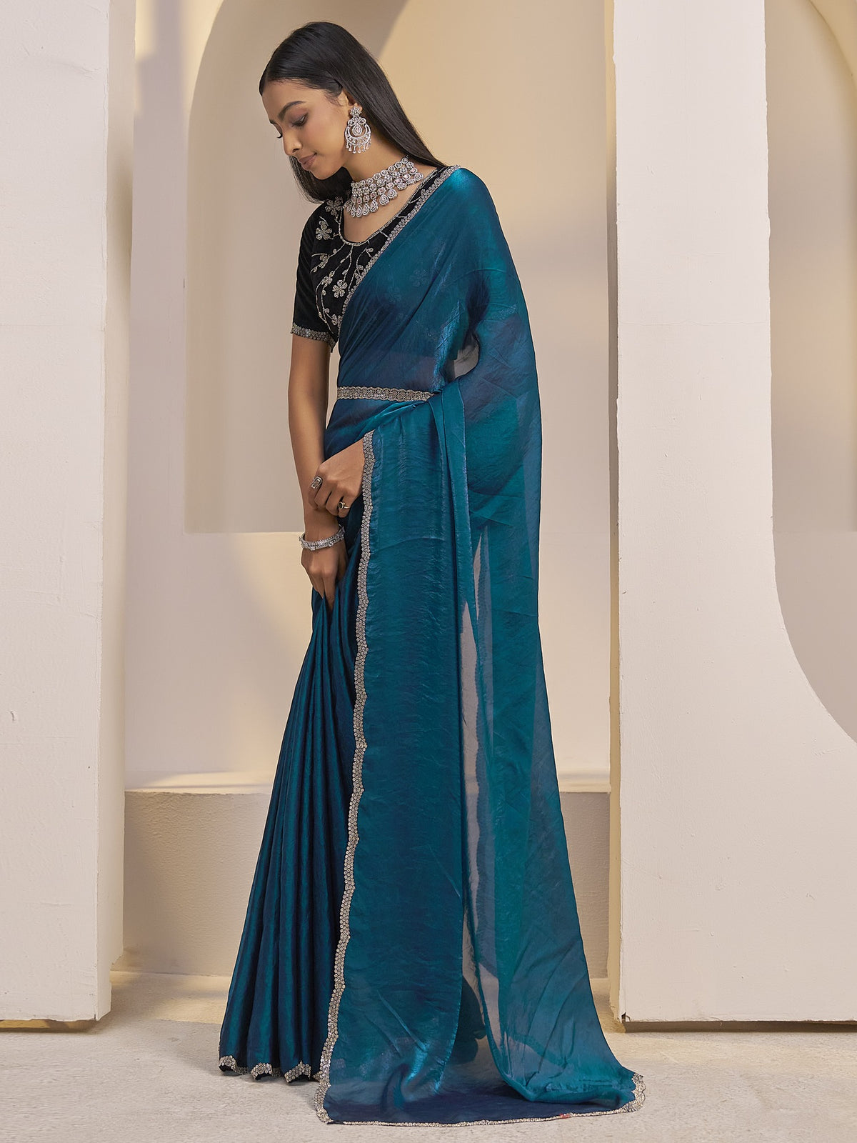 Teal Blue satin silk saree view 1