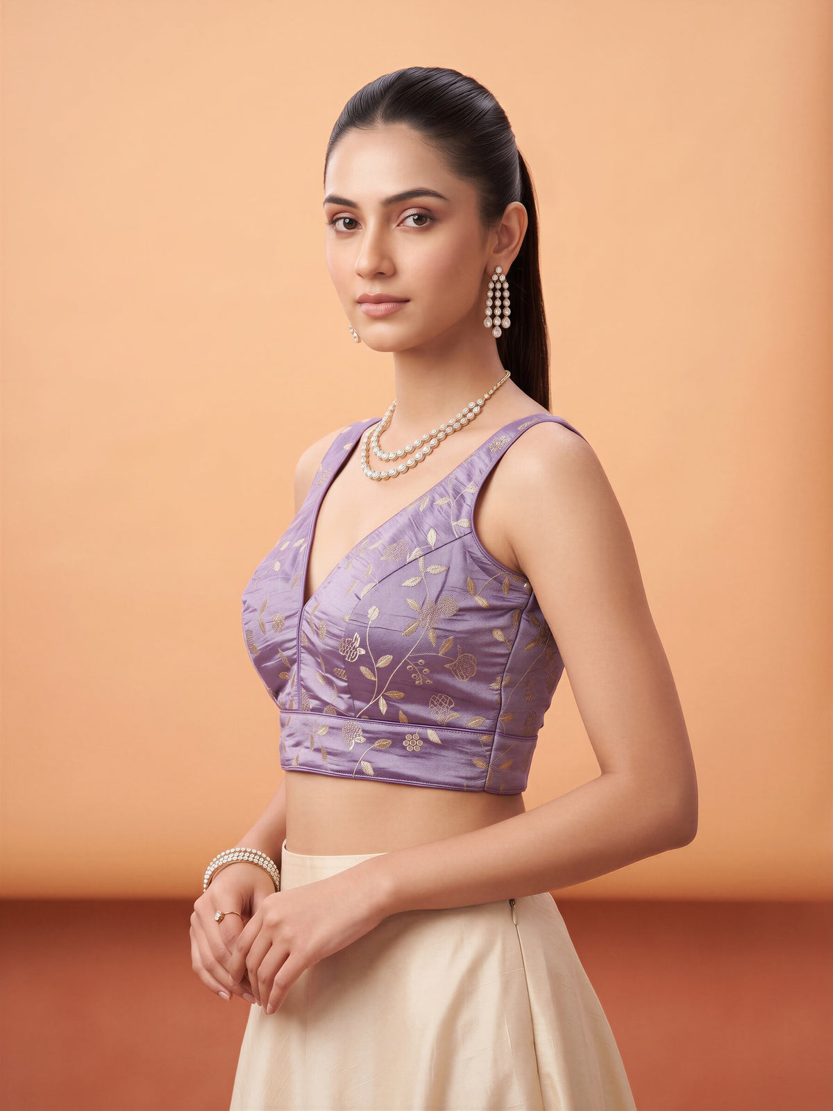 Lavender sequin embellished silk blend sleeveless readymade saree blouse with v neck view 2