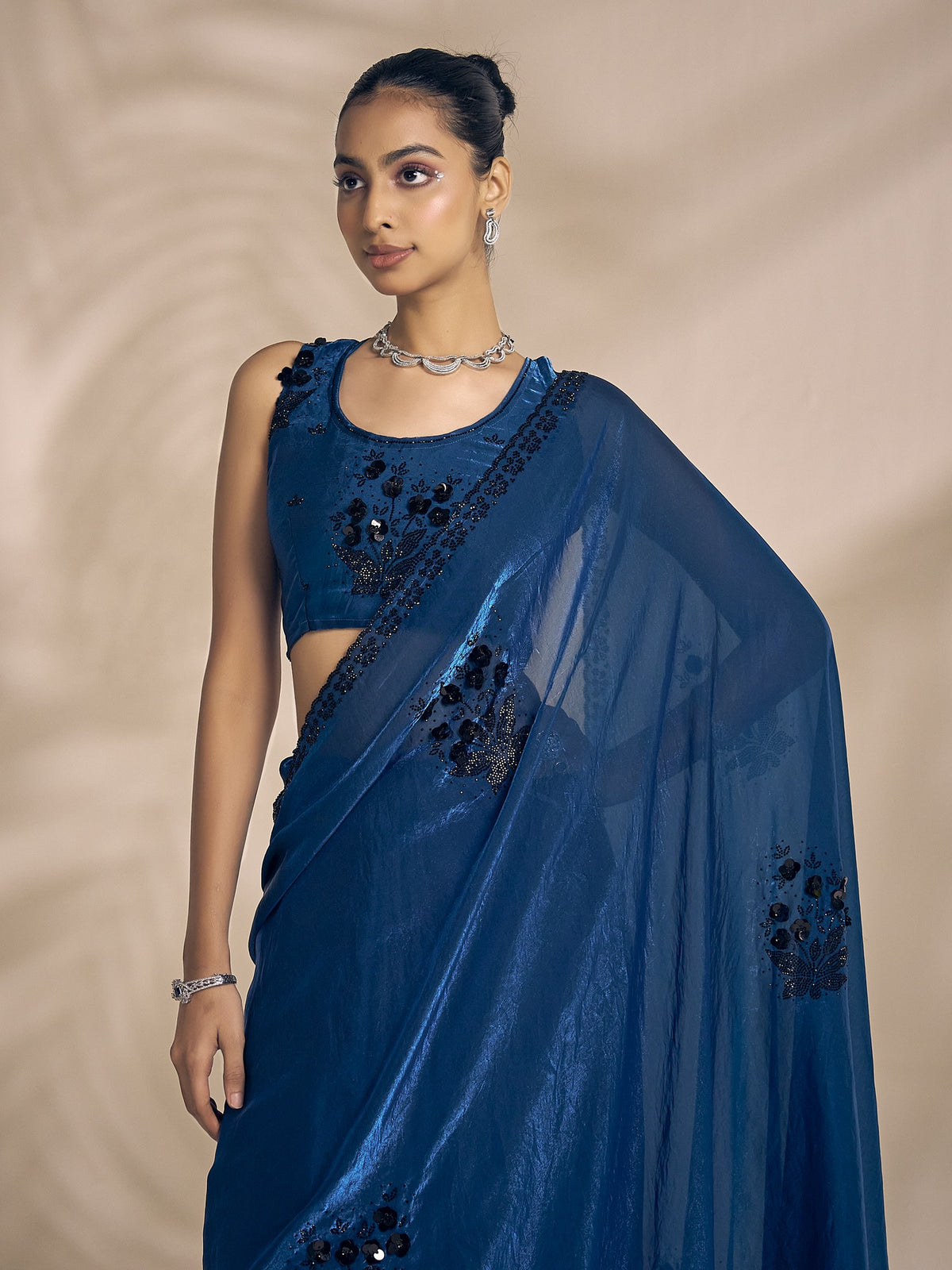 Teal Blue satin silk saree view 4