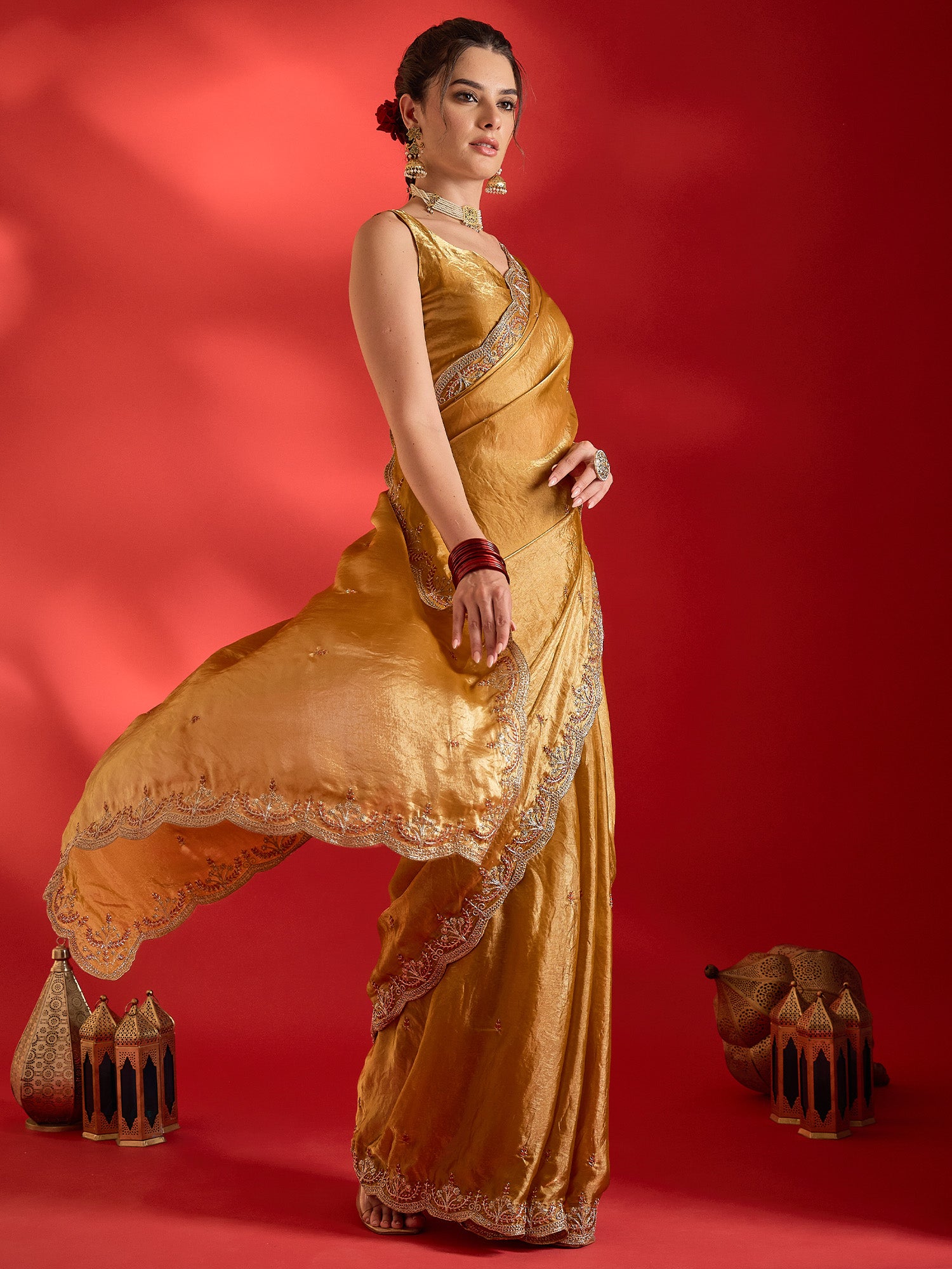 Mustard Satin saree – detail view 3