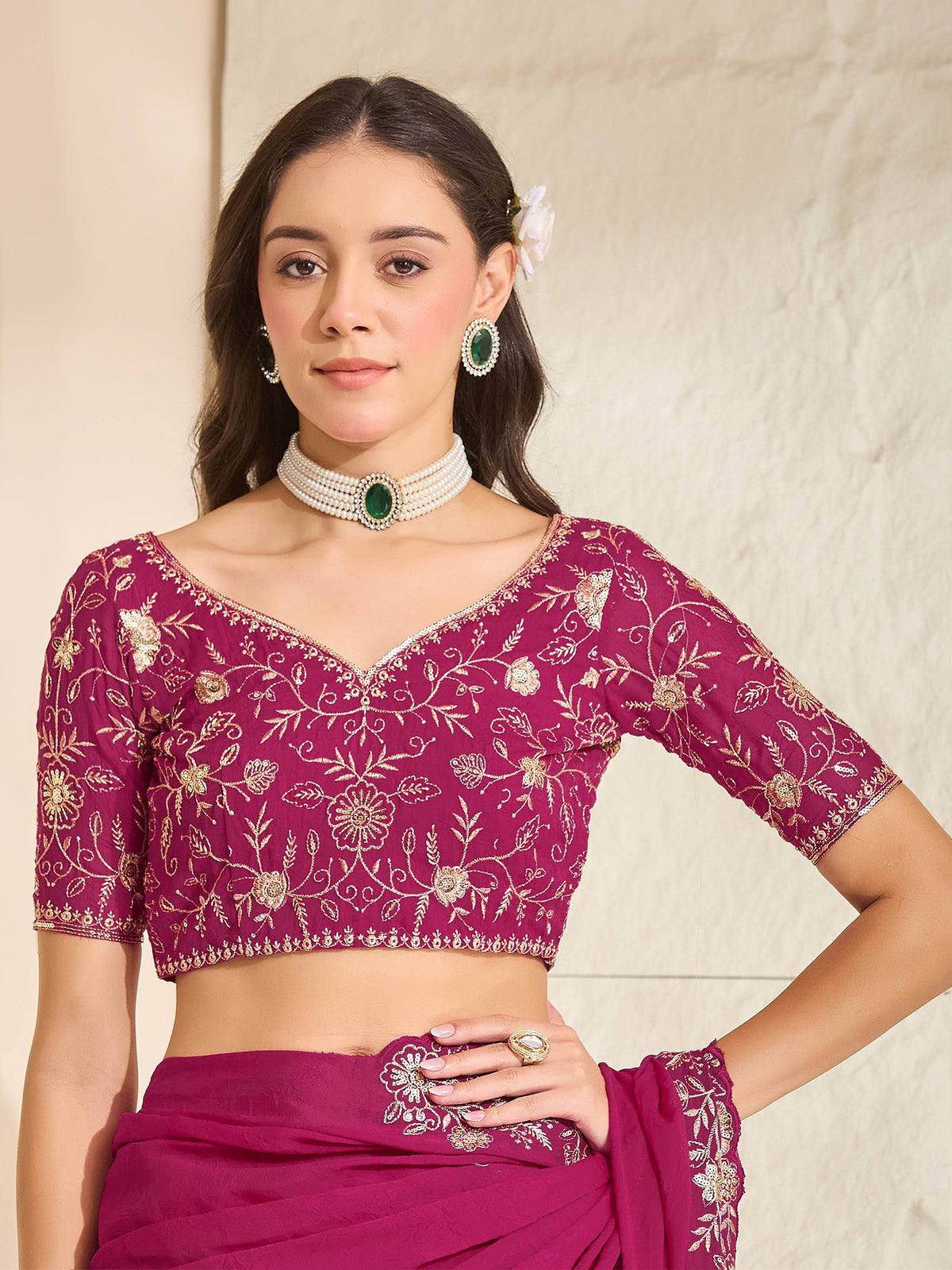 Unstitched pink georgette blouse piece with embellished design