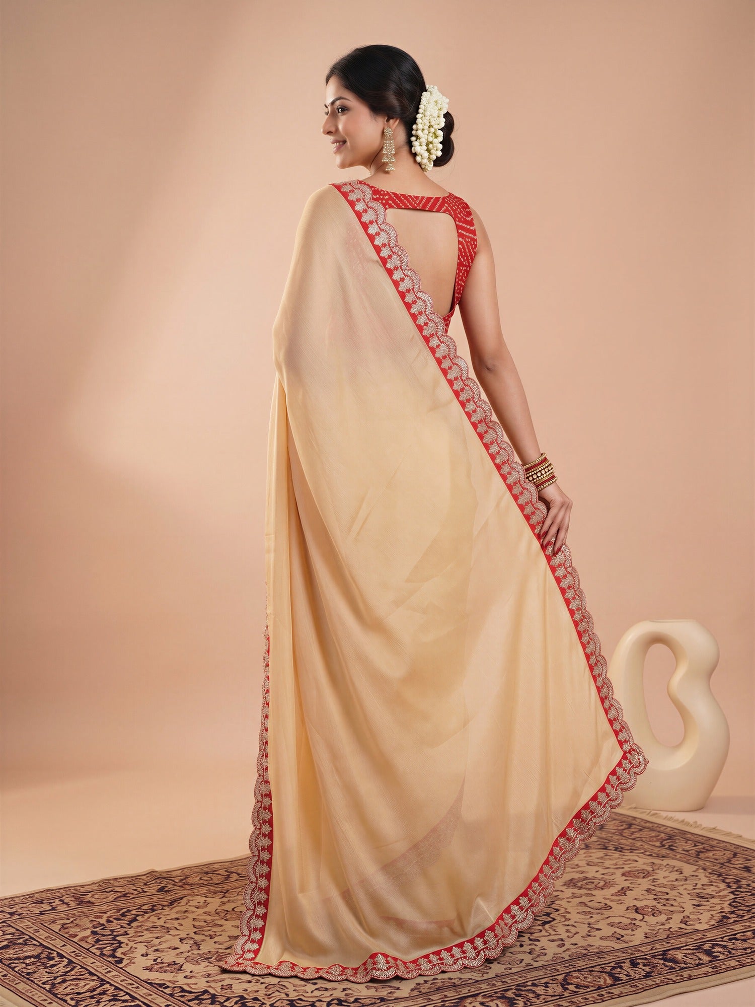 Cream Satin saree – detail view 1
