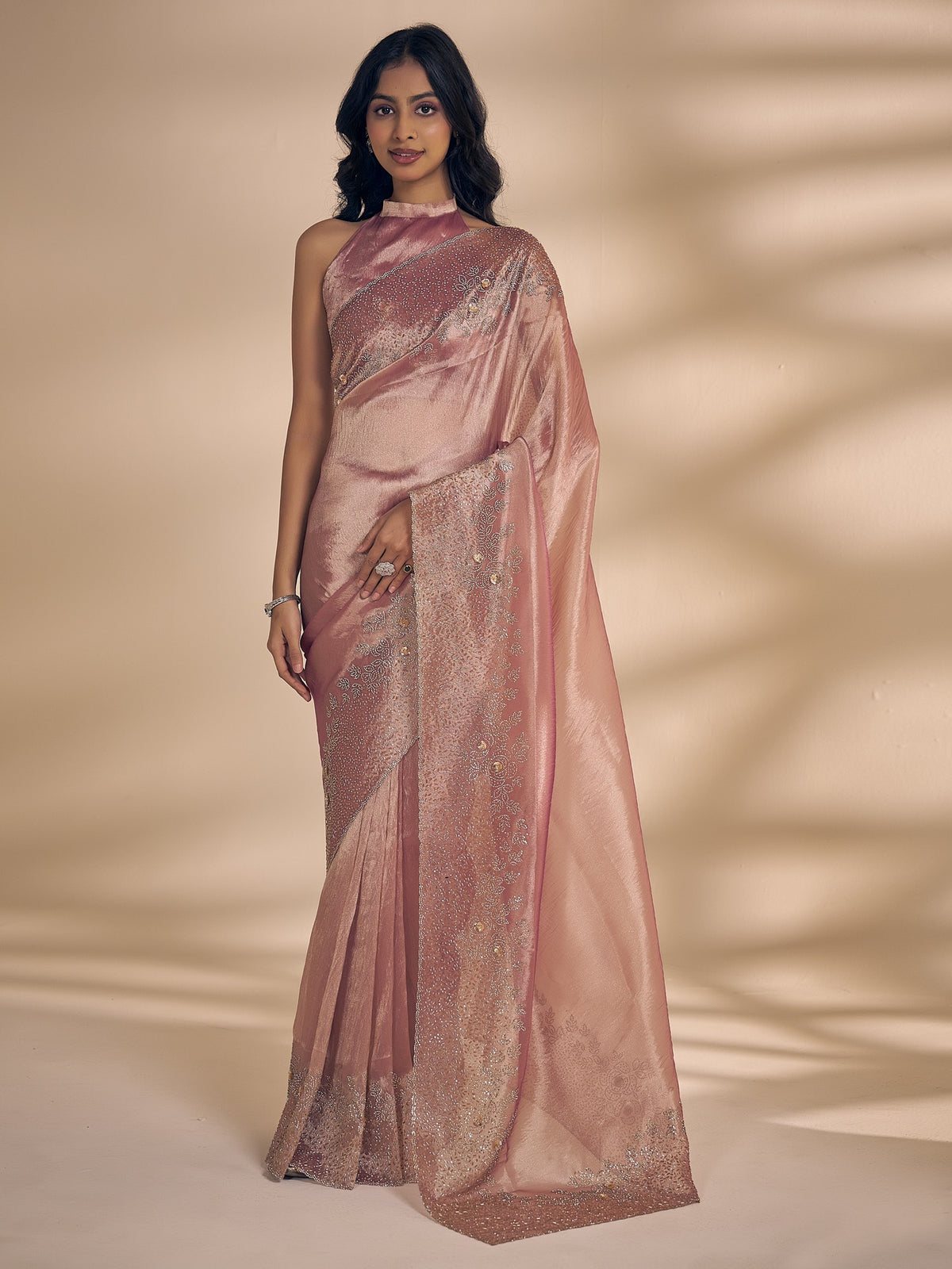 Mauve applique organza saree with mauve blouse piece