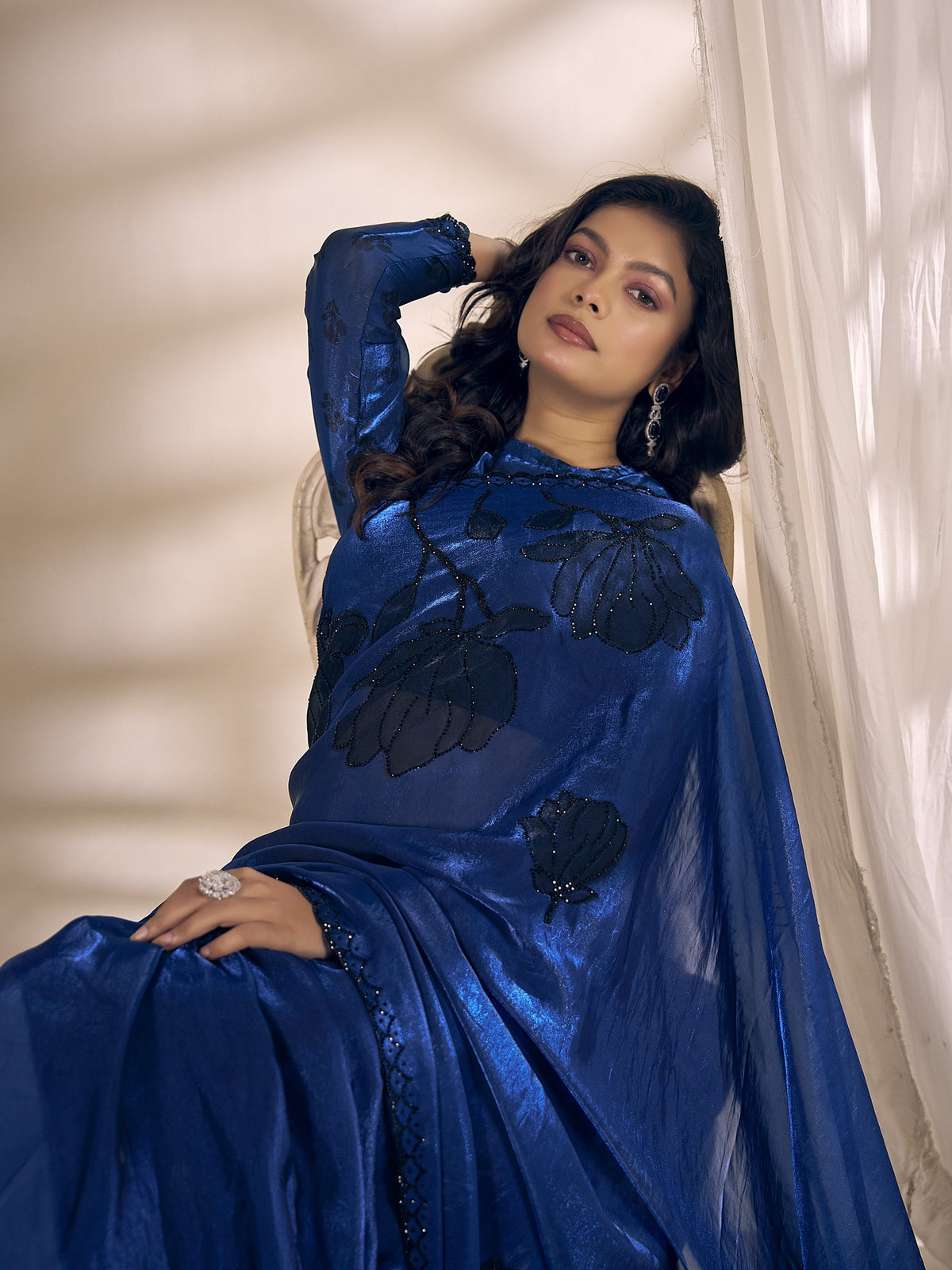 Blue satin silk saree view 4