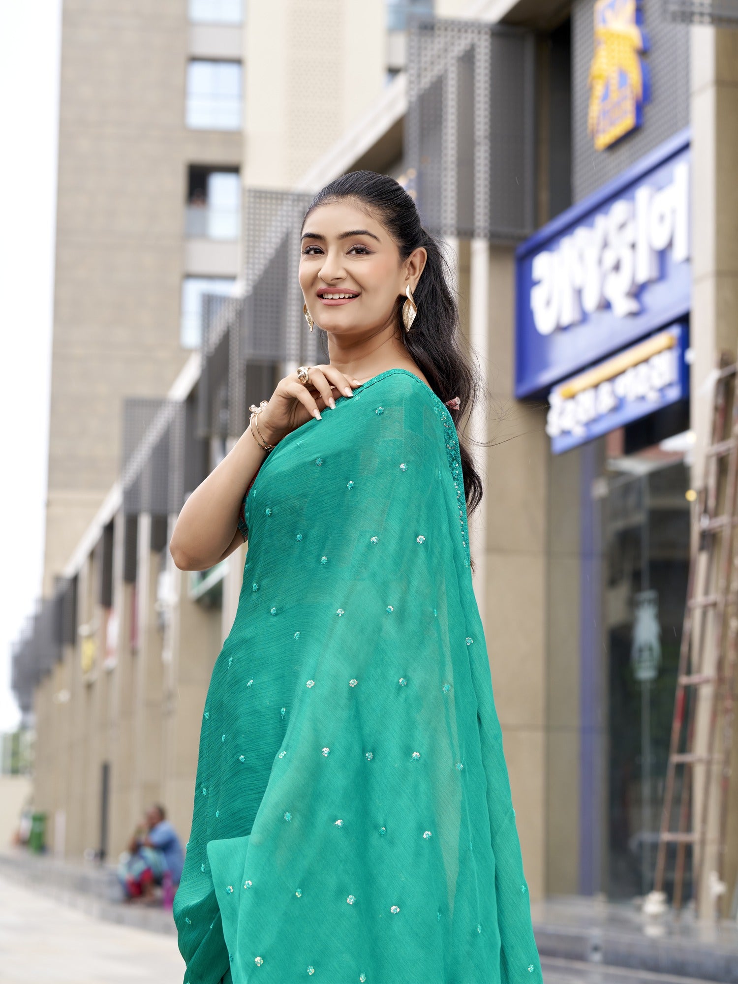 Teal Green Satin Silk saree – detail view 1