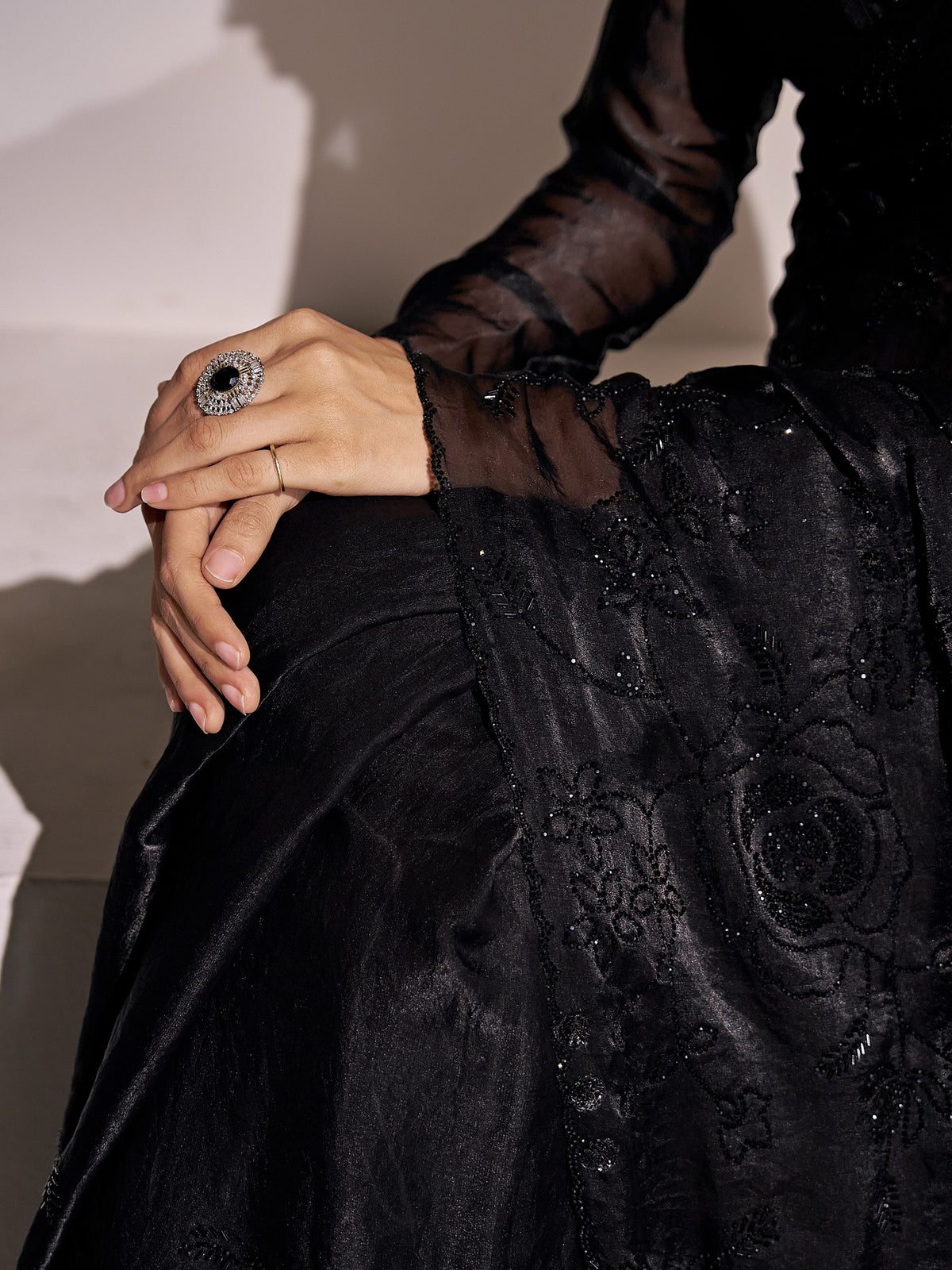 Black satin silk saree view 6