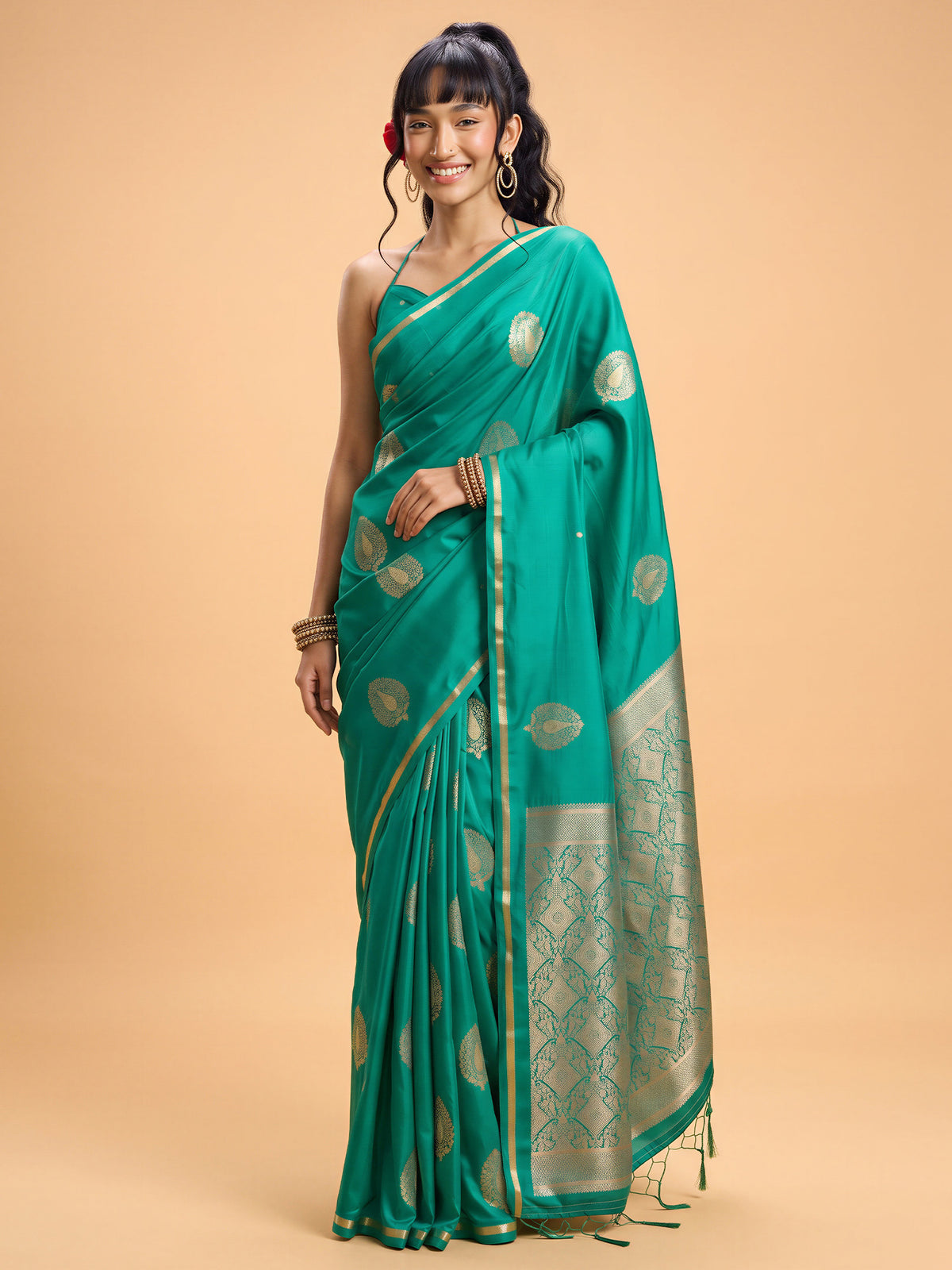Teal Green Satin Silk saree – detail view 3