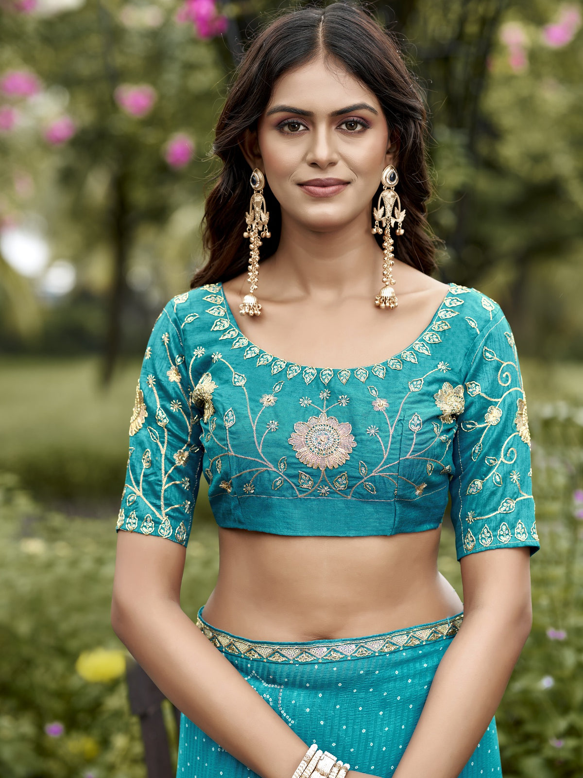 Turquoise Blue georgette saree view 1