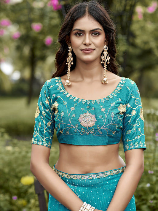 Turquoise Blue georgette saree view 1