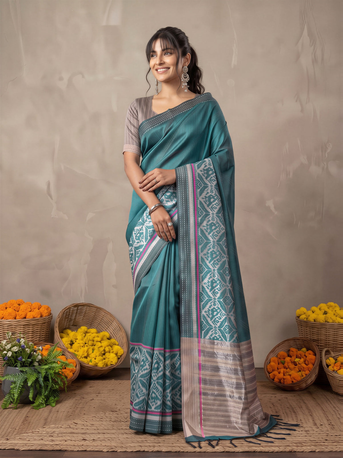 Teal Blue Silk Cotton saree – detail view 3