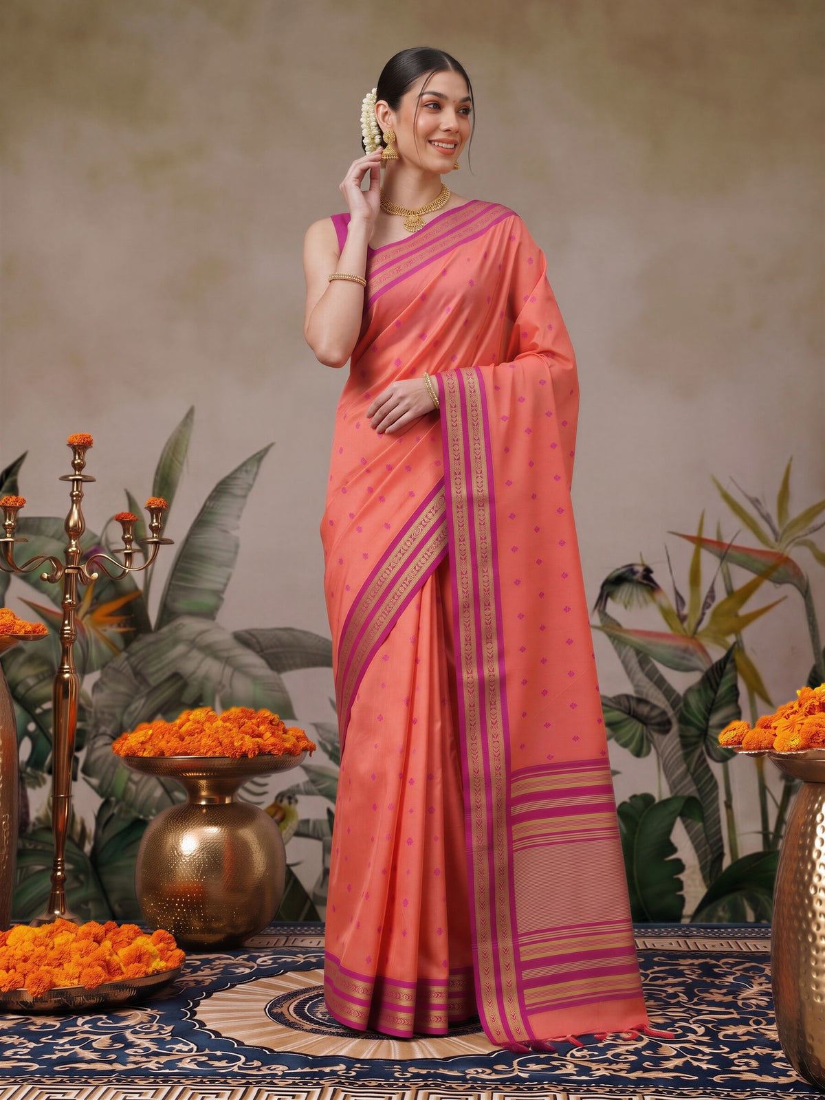 Peach cotton blend saree view 3