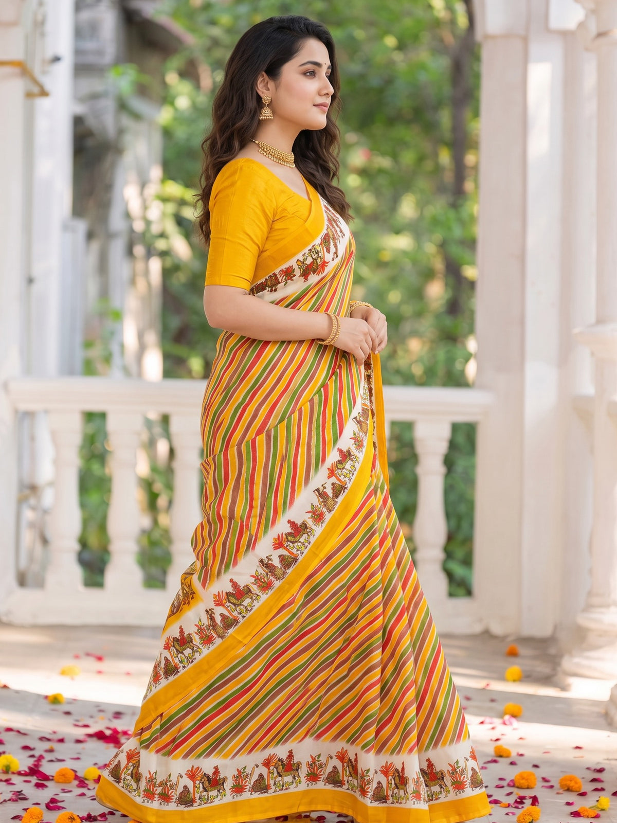 Yellow crepe saree view 5