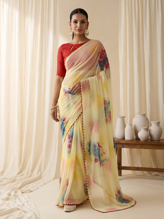 Woman wearing yellow georgette saree with metallic foil print work and red blouse