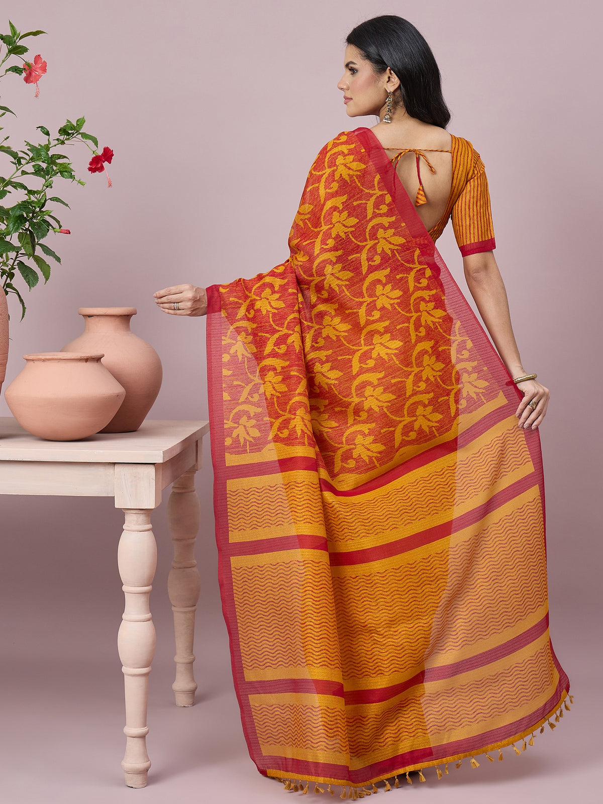 Mustard cotton slub saree view 2