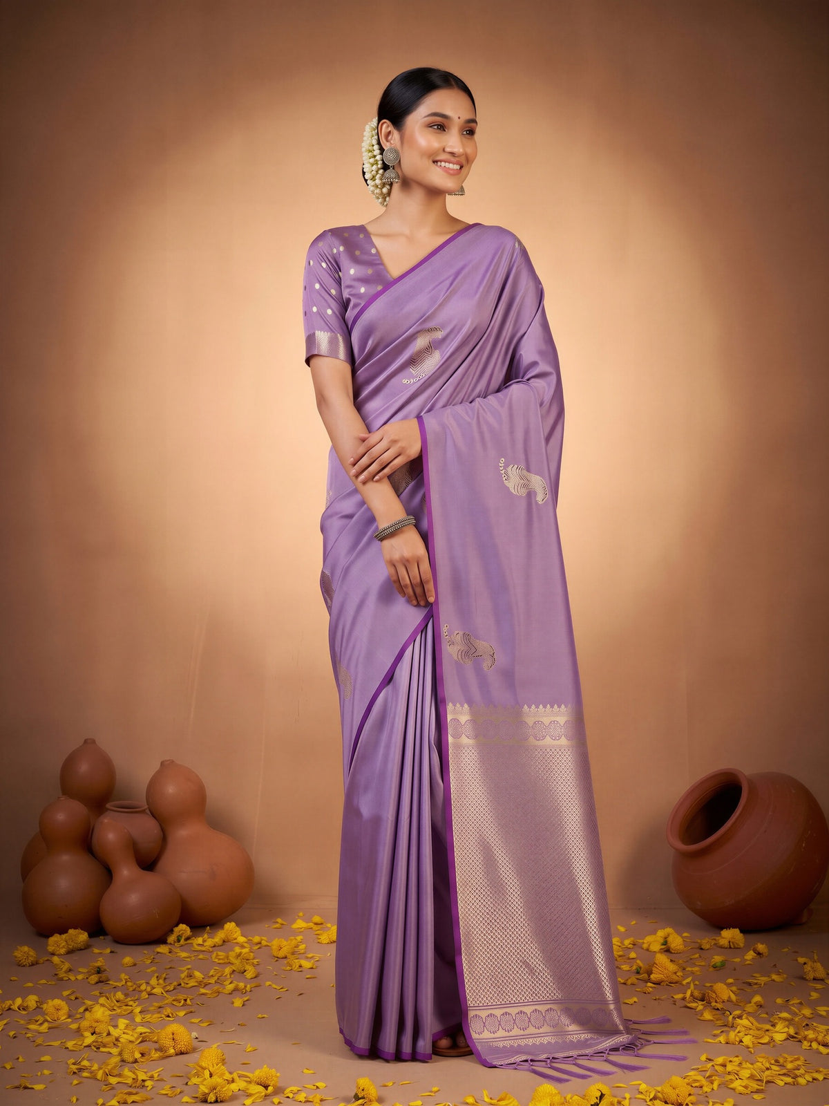 Lavender Satin Silk saree – detail view 3