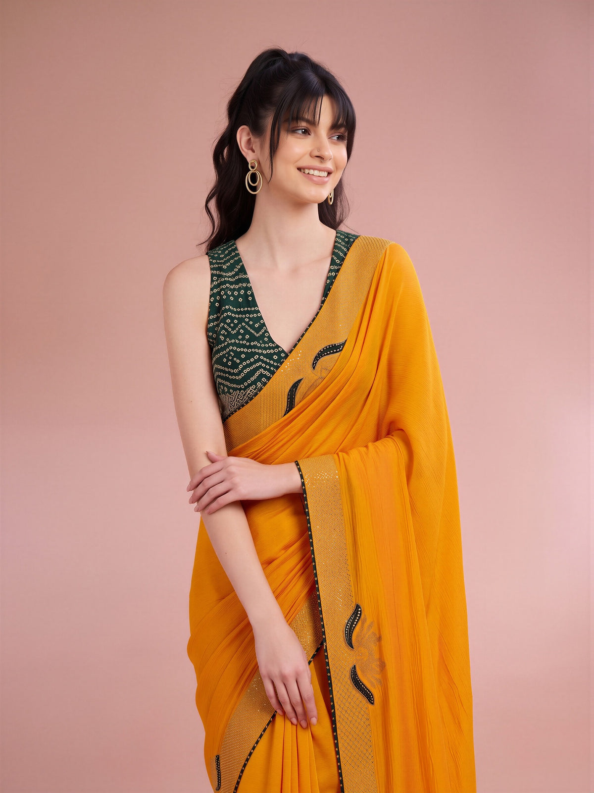 Yellow Vichitra Silk saree – detail view 3