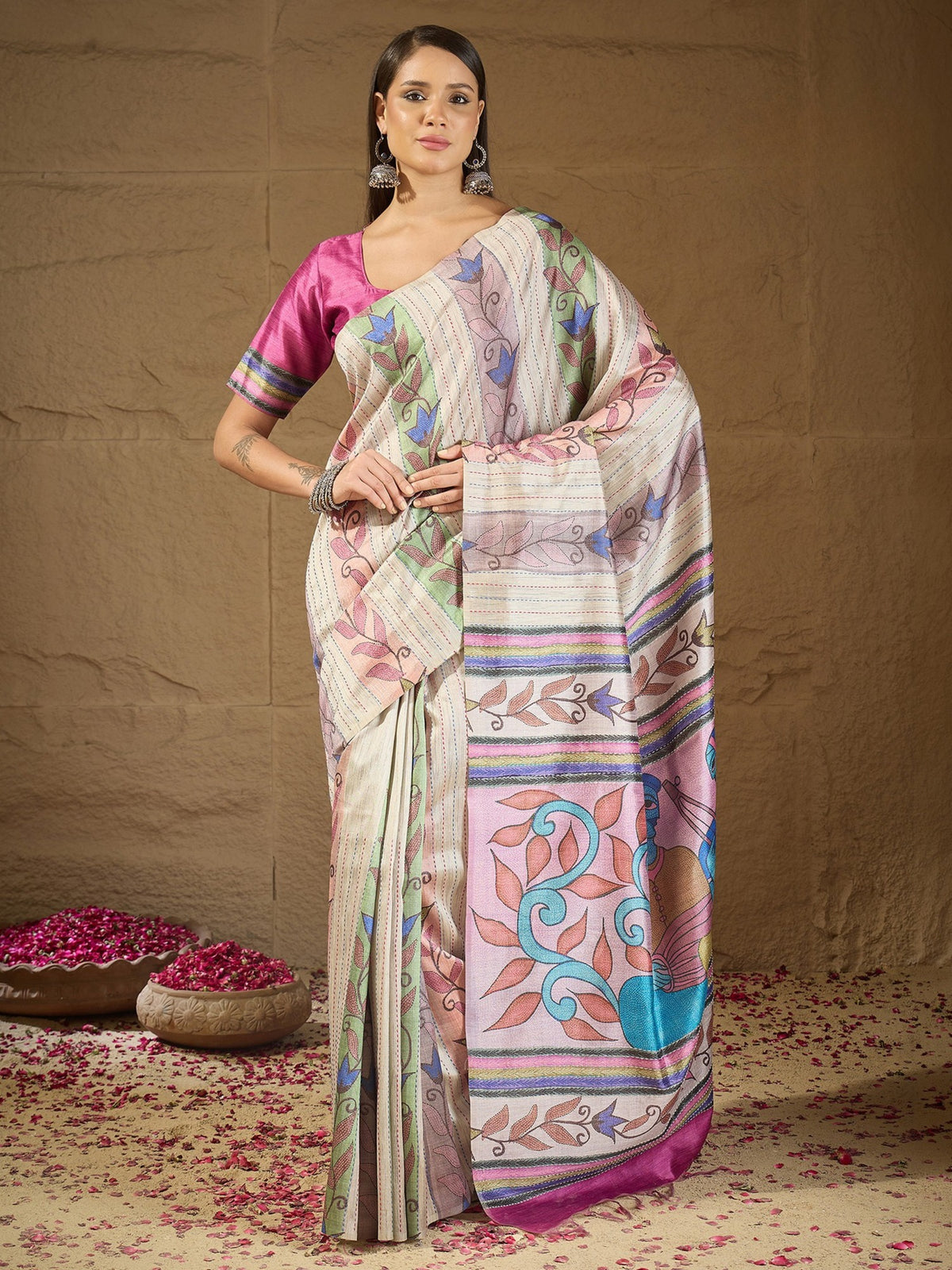 Multicolored kalamkari art silk saree with mauve blouse piece