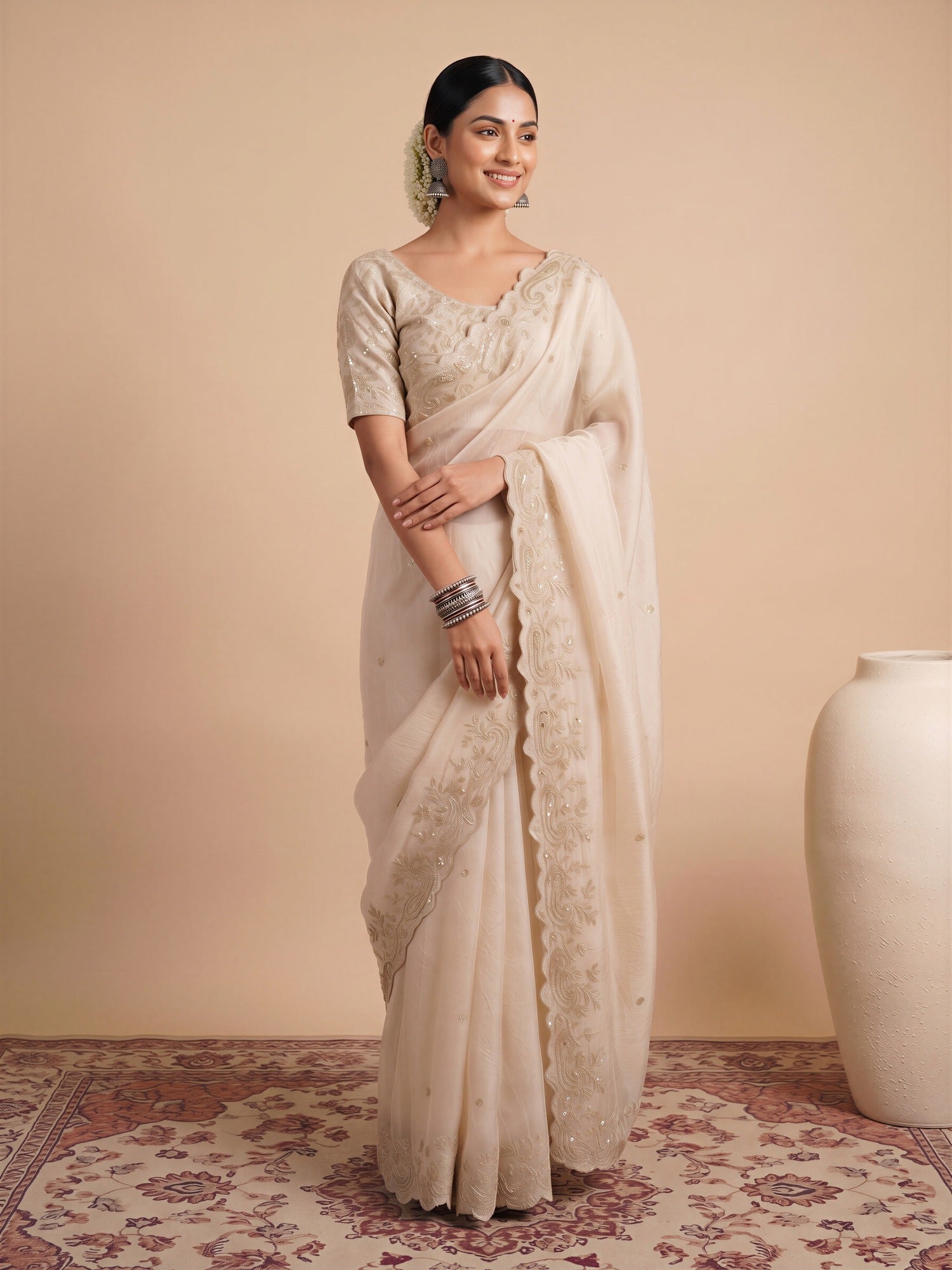 Off White Satin saree – detail view 3