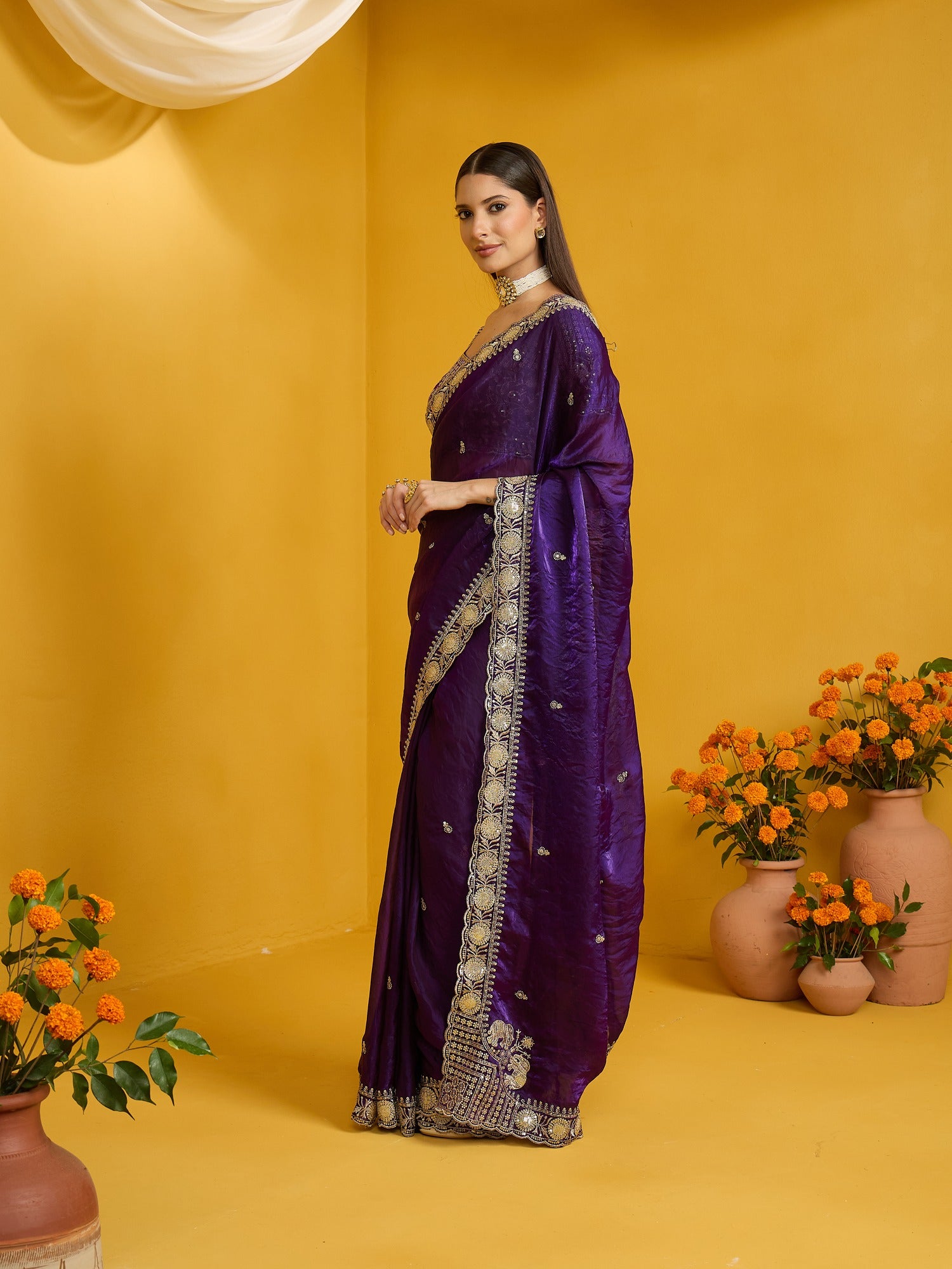 Purple Satin Silk saree – detail view 1