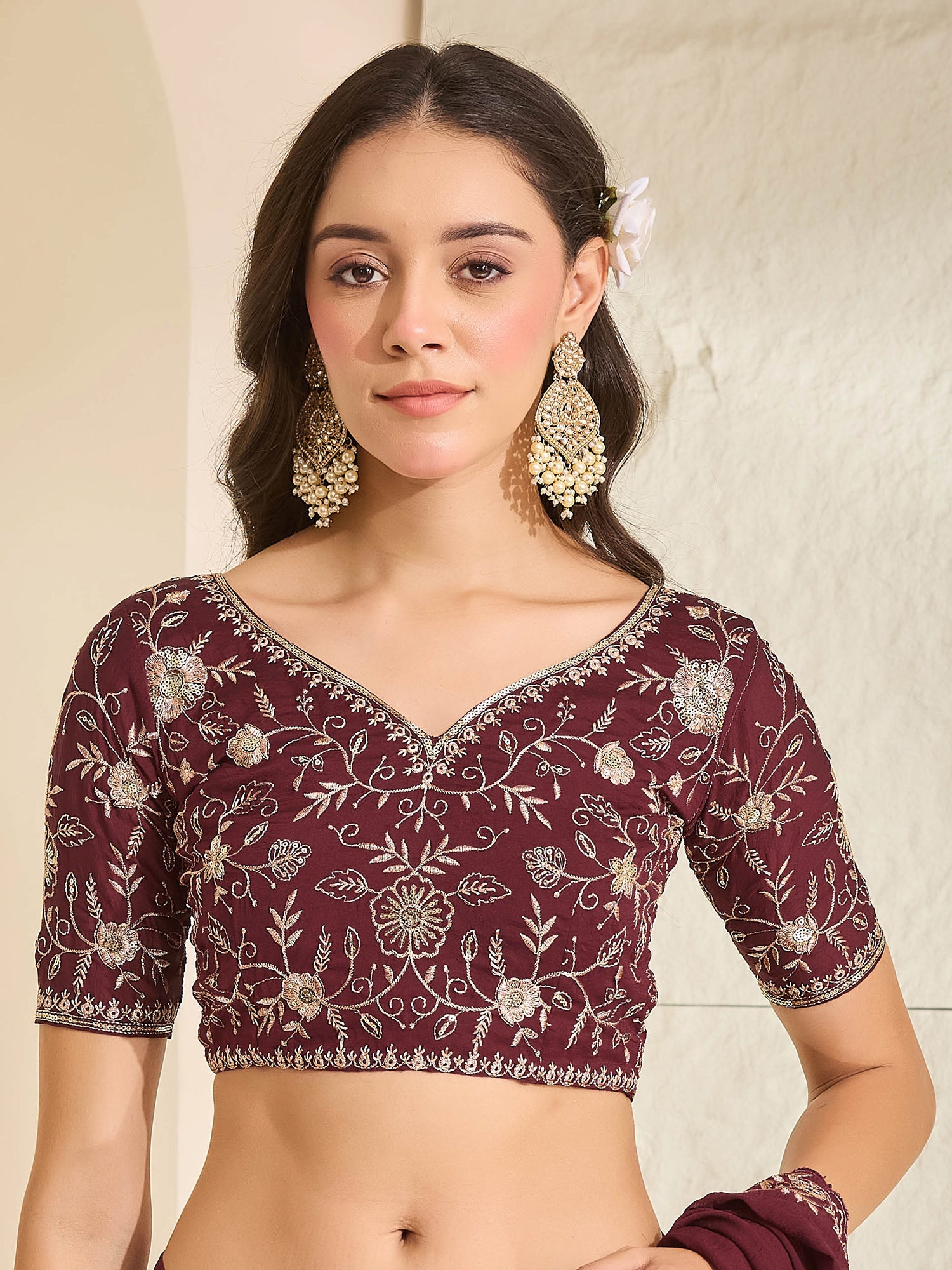 Unstitched maroon georgette blouse piece with embellished design