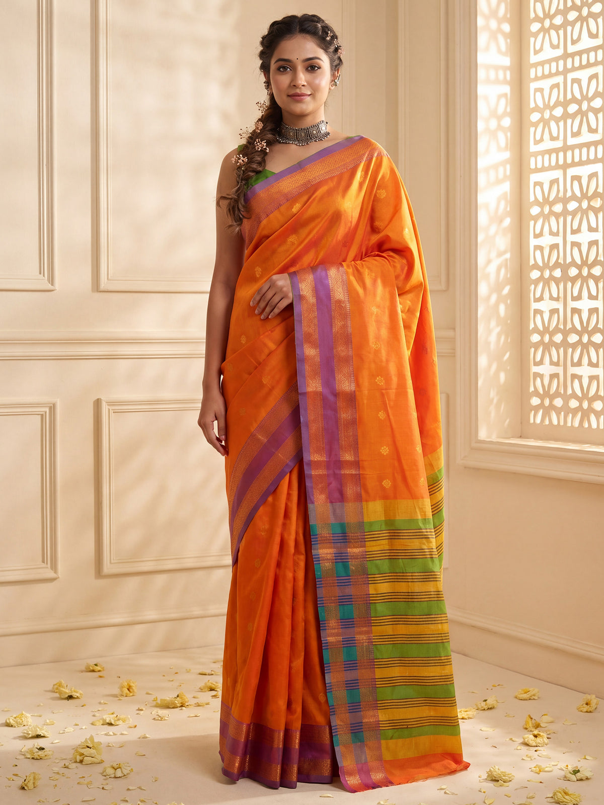 Woman wearing orange soft silk saree with zari butta (metallic motif) work and light green blouse