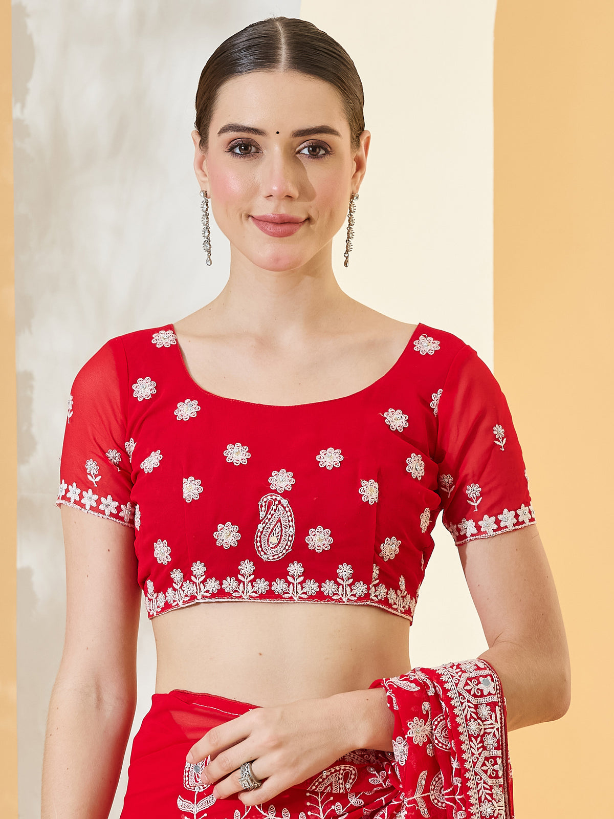Unstitched red georgette blouse piece with embroidered design