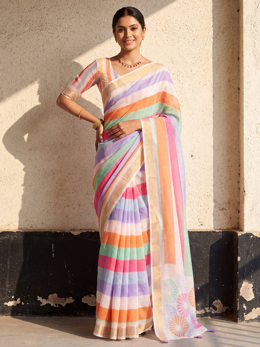 Woman wearing multicolored linen saree with striped pattern design and multicolored blouse