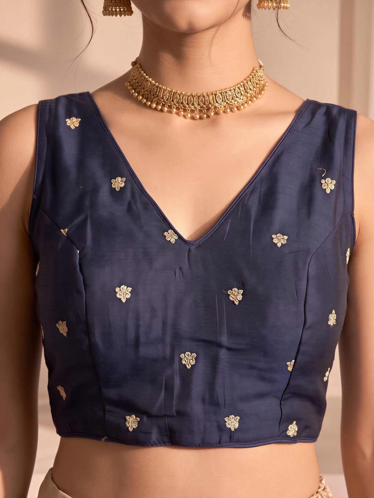 Navy Blue sequin embellished vichitra silk sleeveless readymade saree blouse with v neck view 4