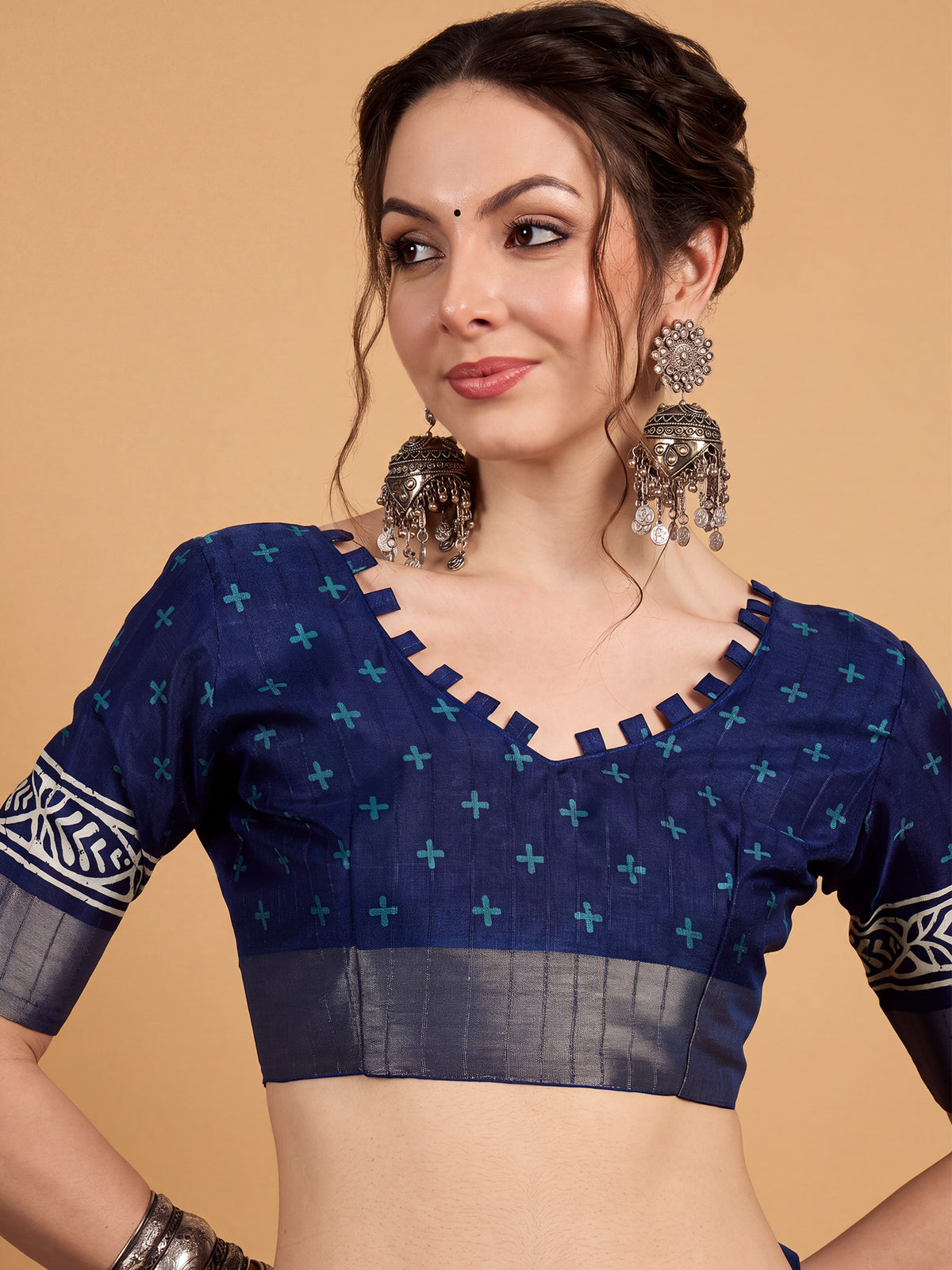 Unstitched navy blue silk blend blouse piece with ethnic motif design