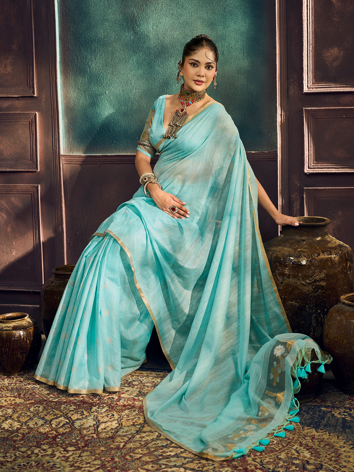 Light Blue Muga Cotton saree – detail view 2