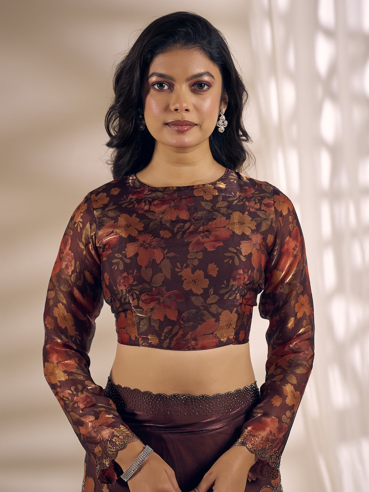 Bronze satin silk saree view 4