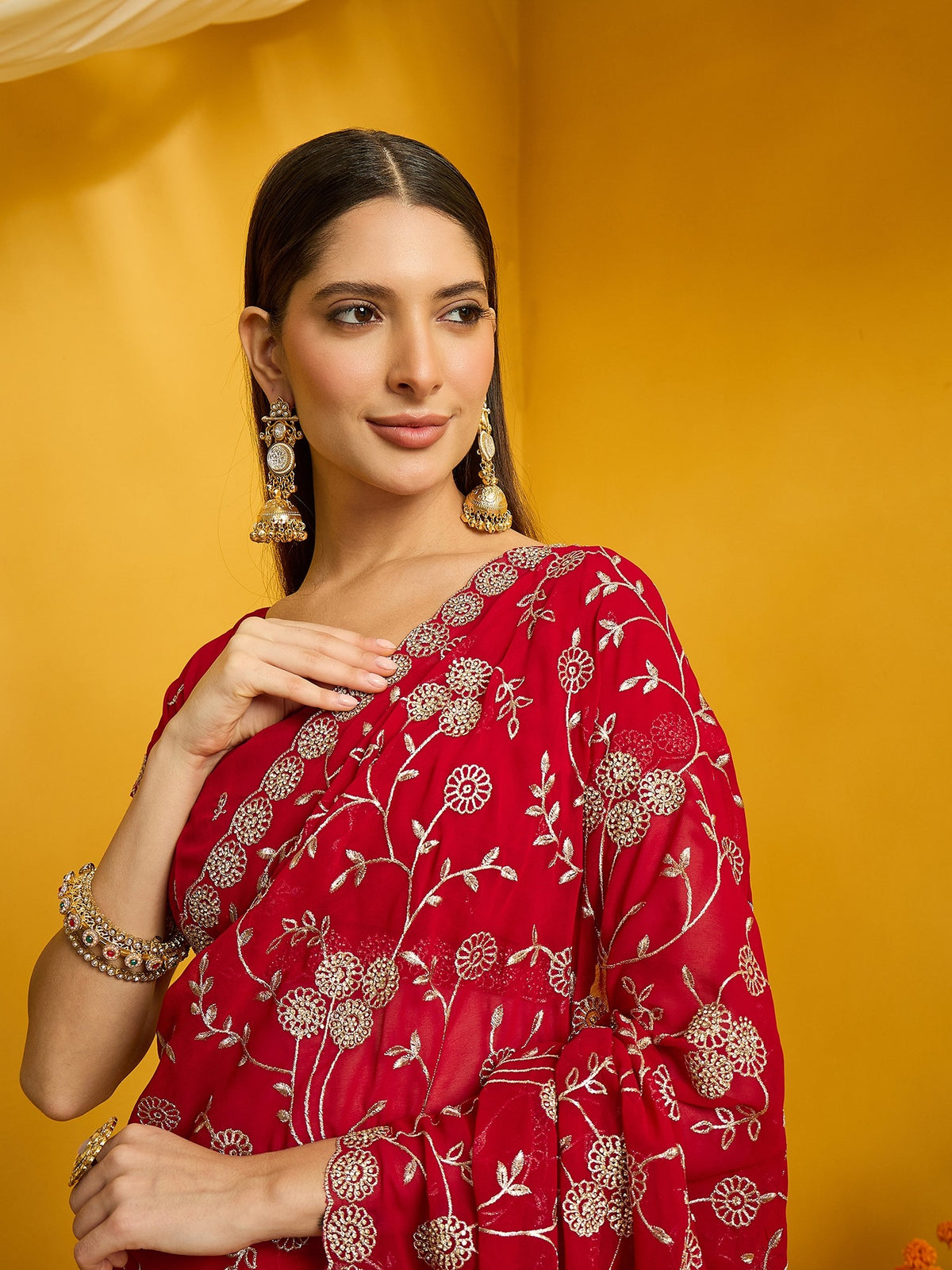 Red Georgette saree – detail view 2
