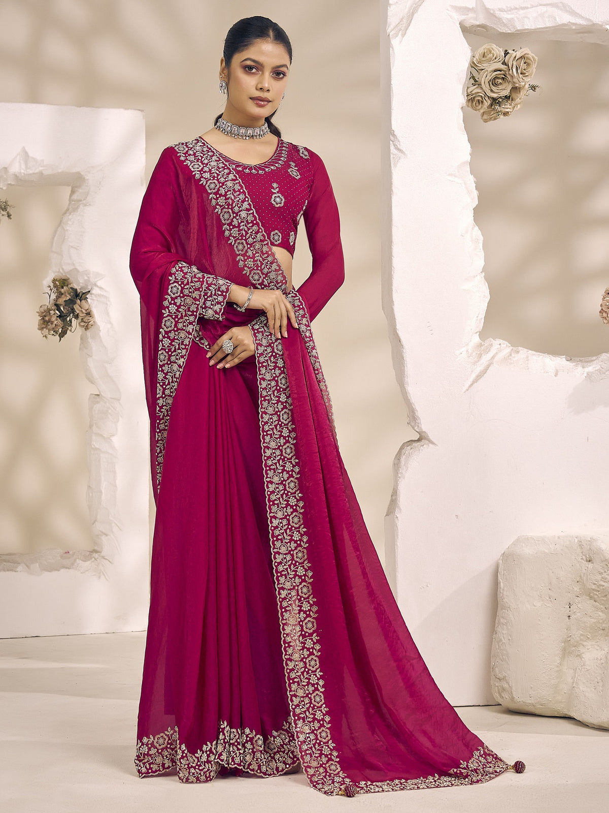 Pink satin silk saree view 3