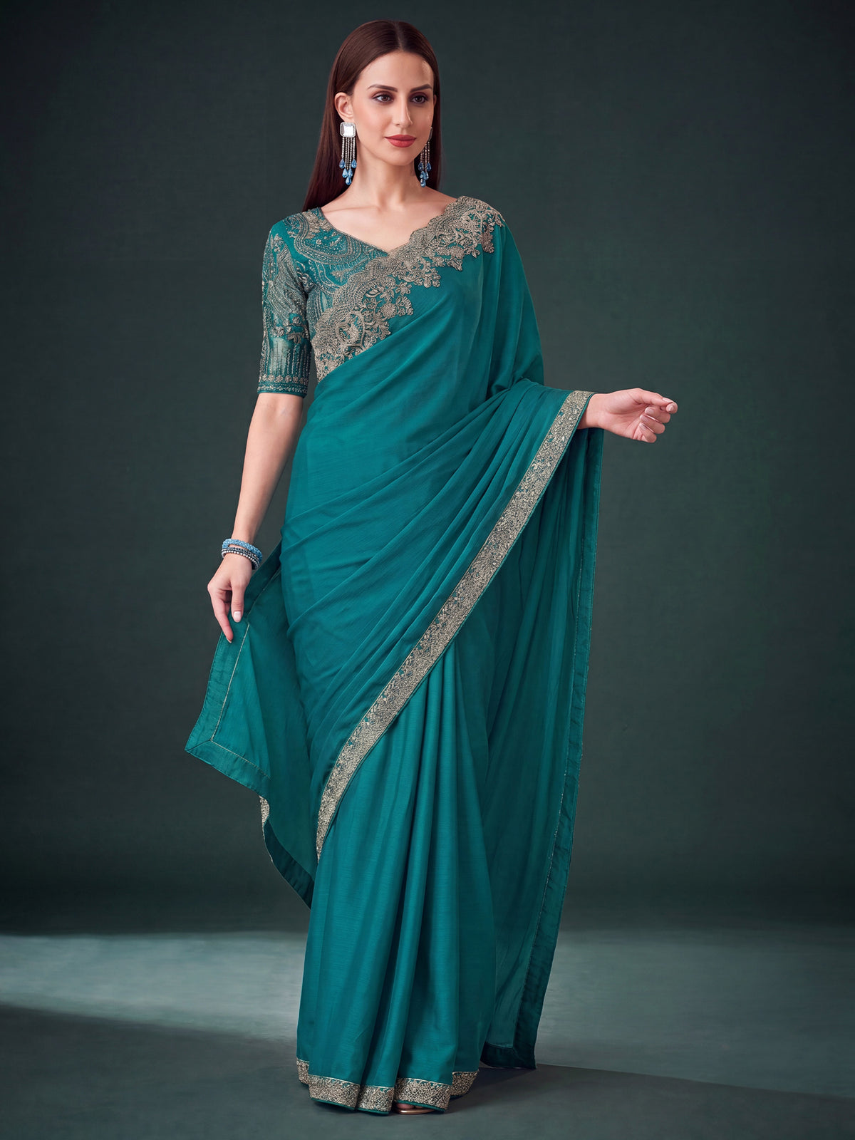 Teal Green Pure Chiffon saree – detail view 3