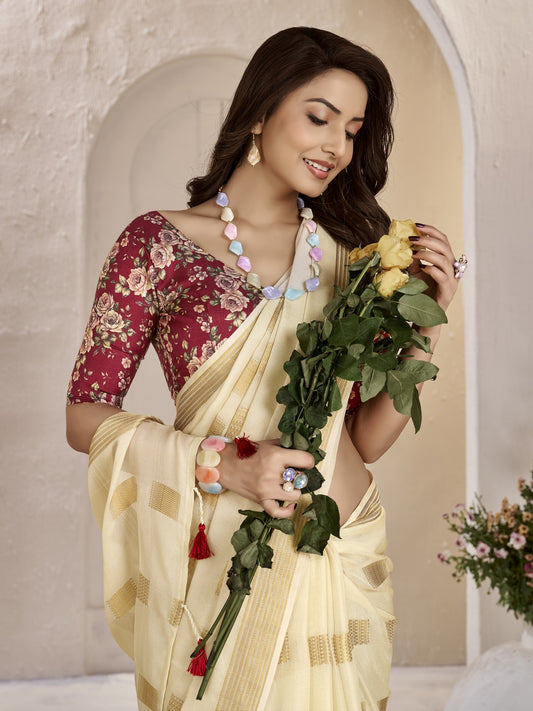 Cream georgette saree view 1
